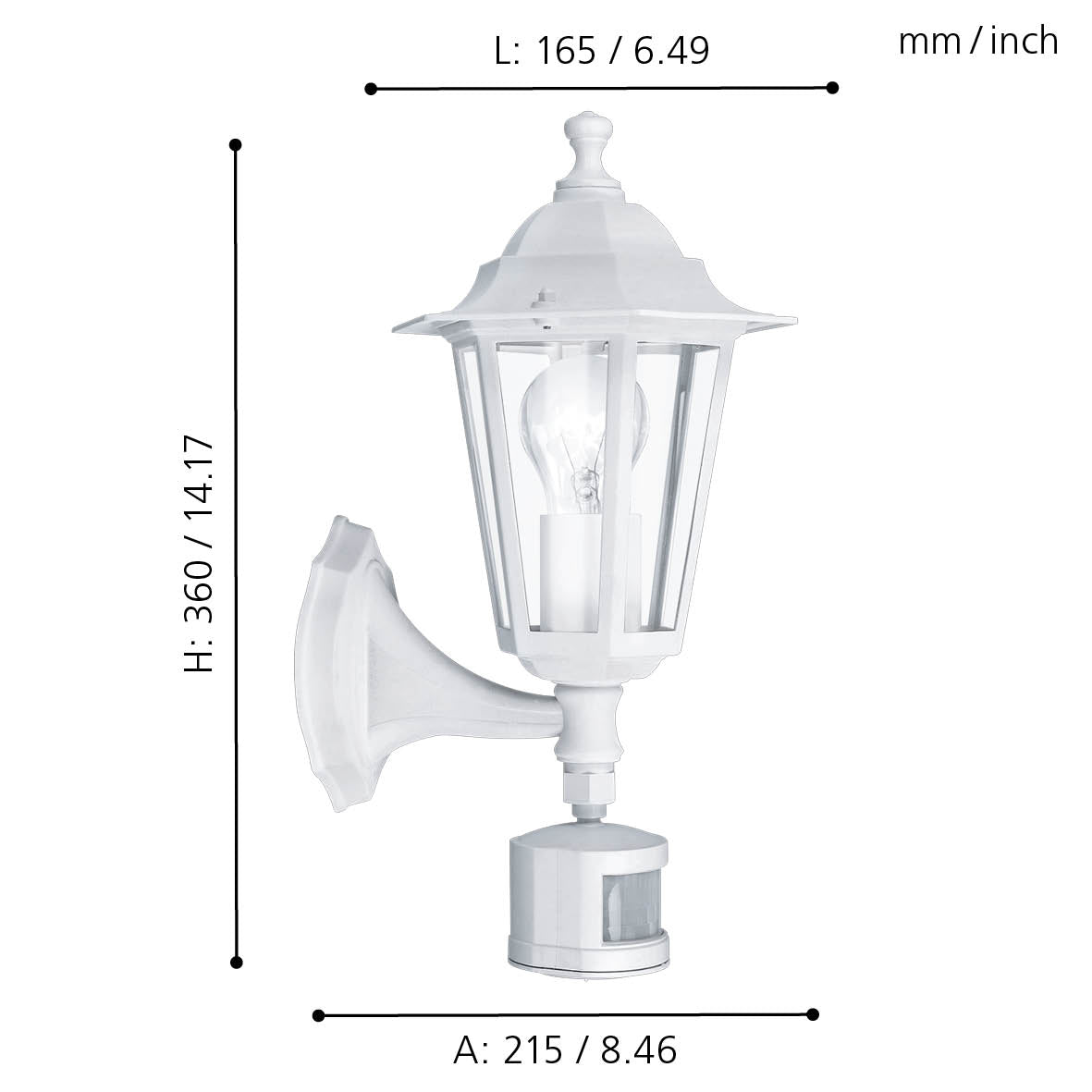 eglo laterna 5 white pir upright lantern outdoor wall light ip44 living room close up