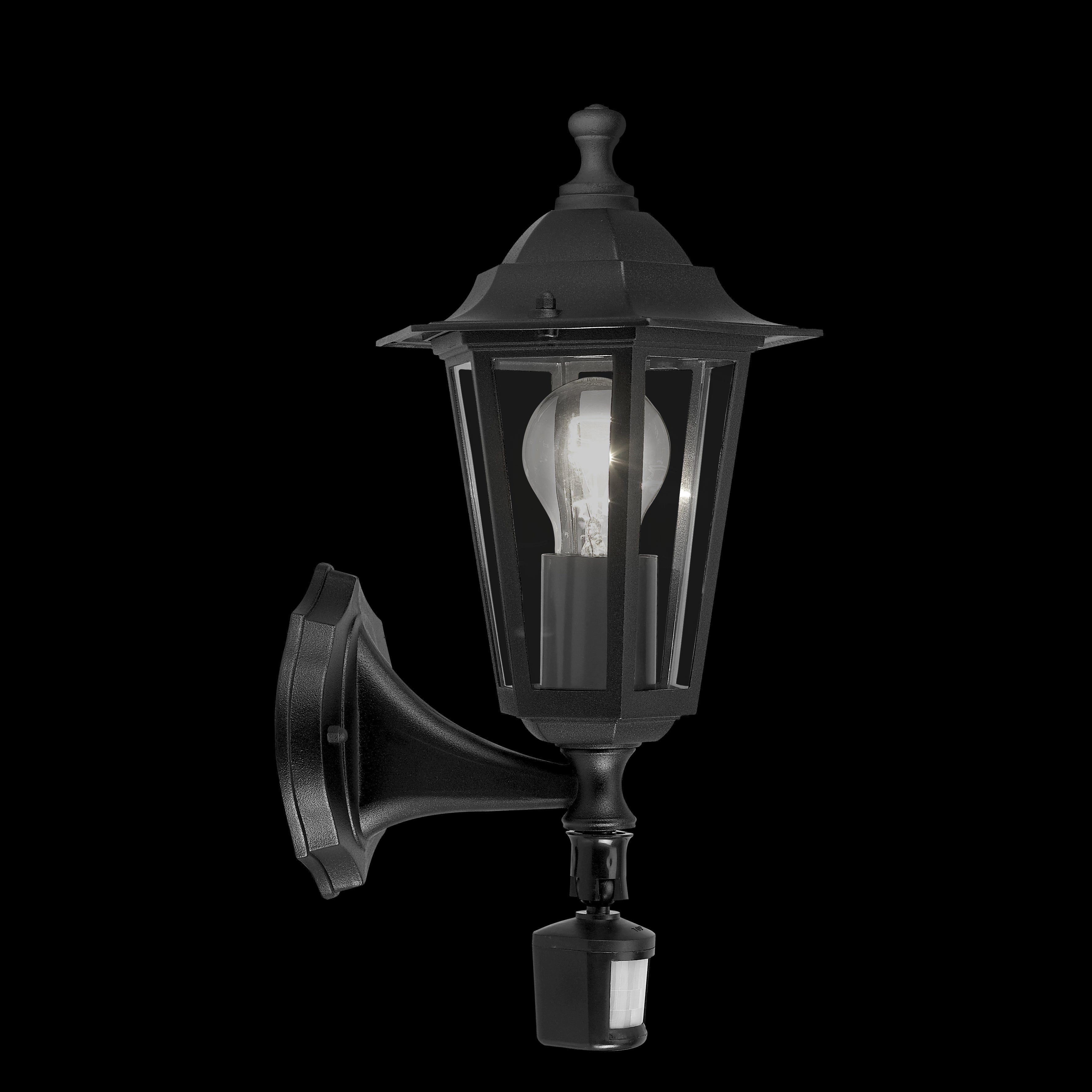 eglo laterna 4 black pir upright lantern outdoor wall light ip44 living room close up