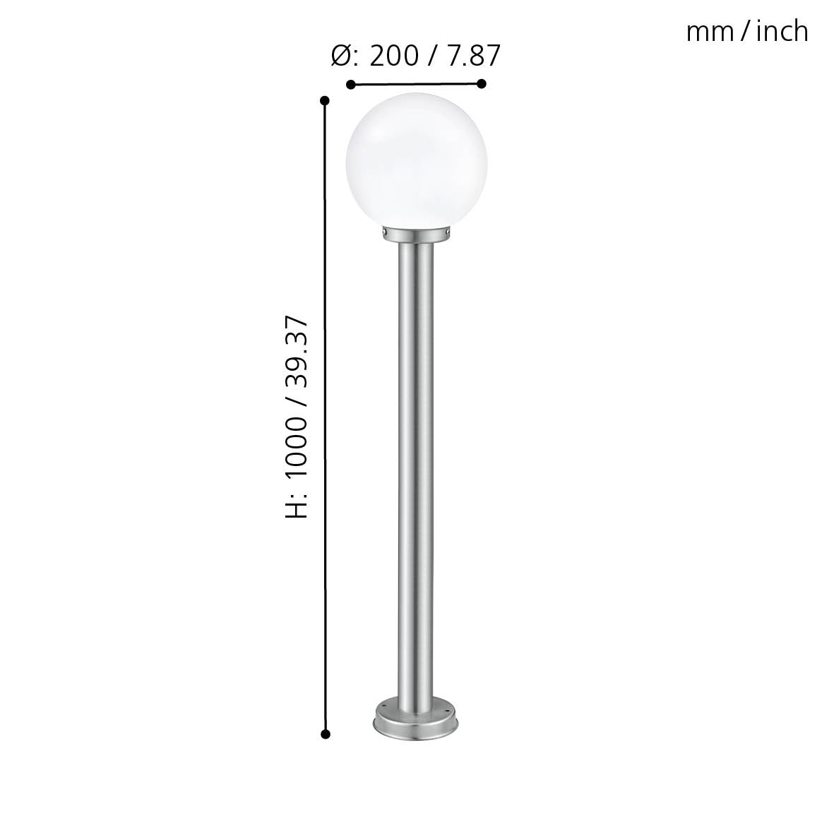 eglo nisia silver driveway pillar with white glass globe shade 100cm living room close up
