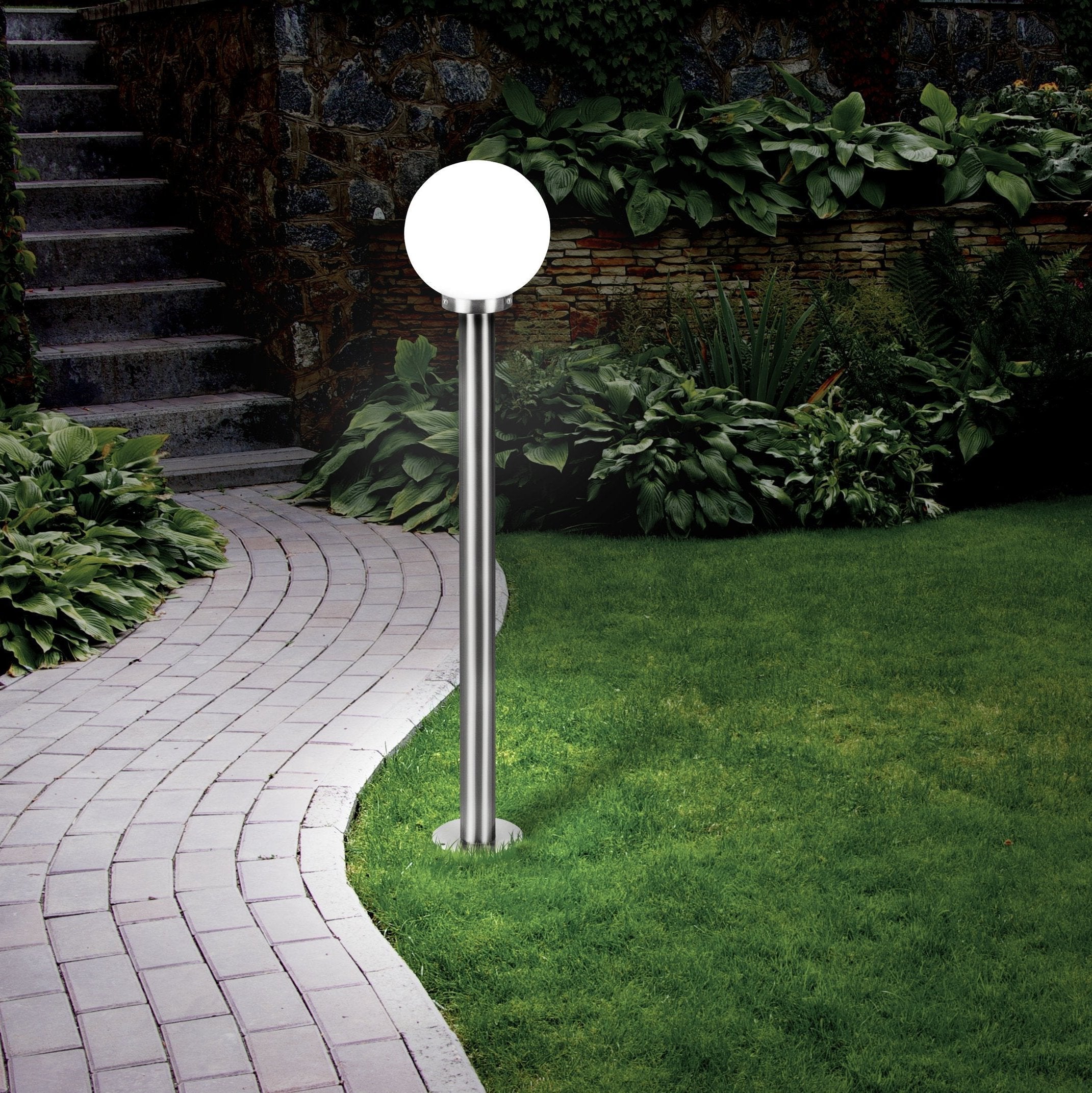 eglo nisia silver driveway pillar with white glass globe shade 100cm