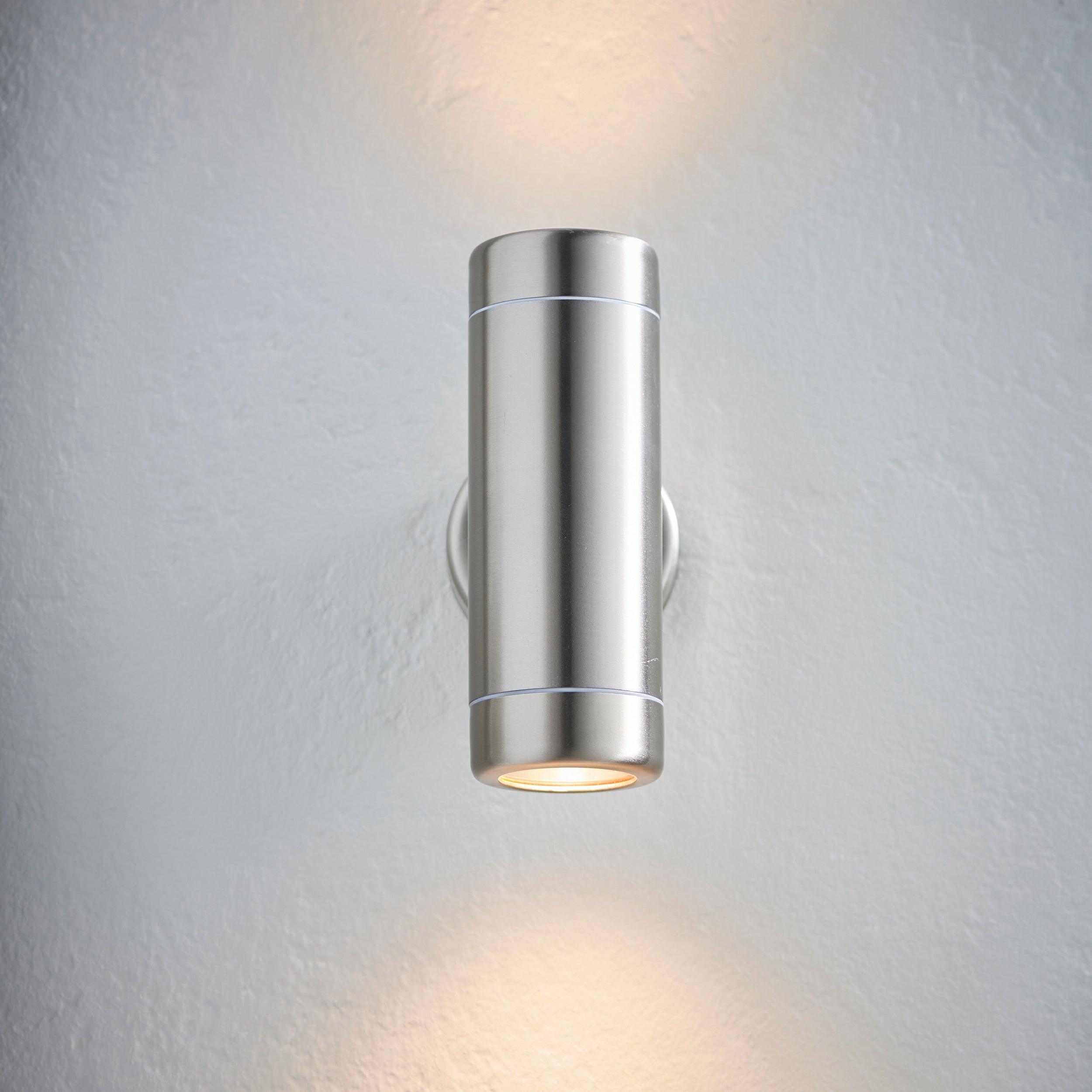 atlantis silver up down 2 light led outdoor wall light ip65by Saxby Lighting, close up image