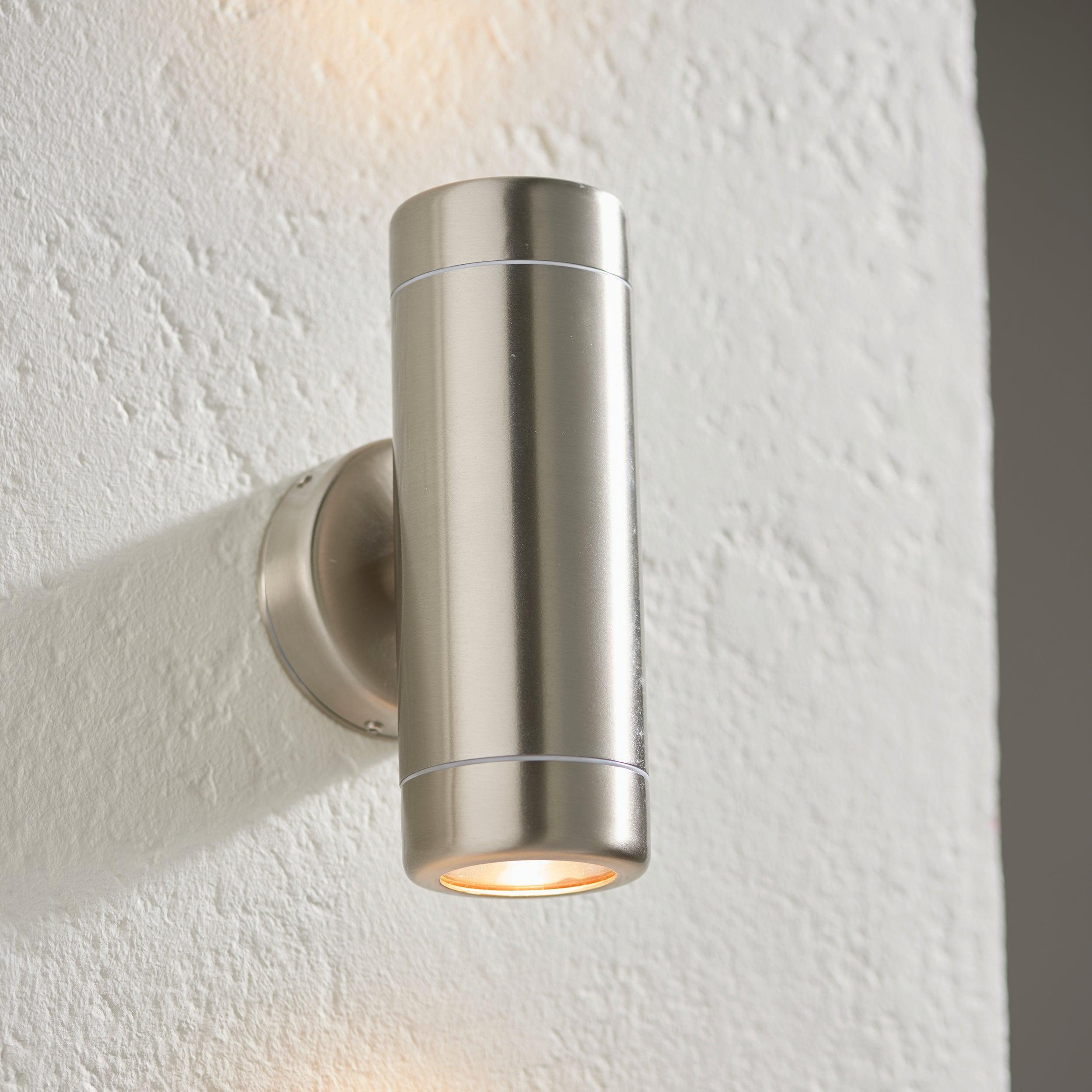 atlantis silver up down 2 light led outdoor wall light ip65 by saxby lighting, close up image 215