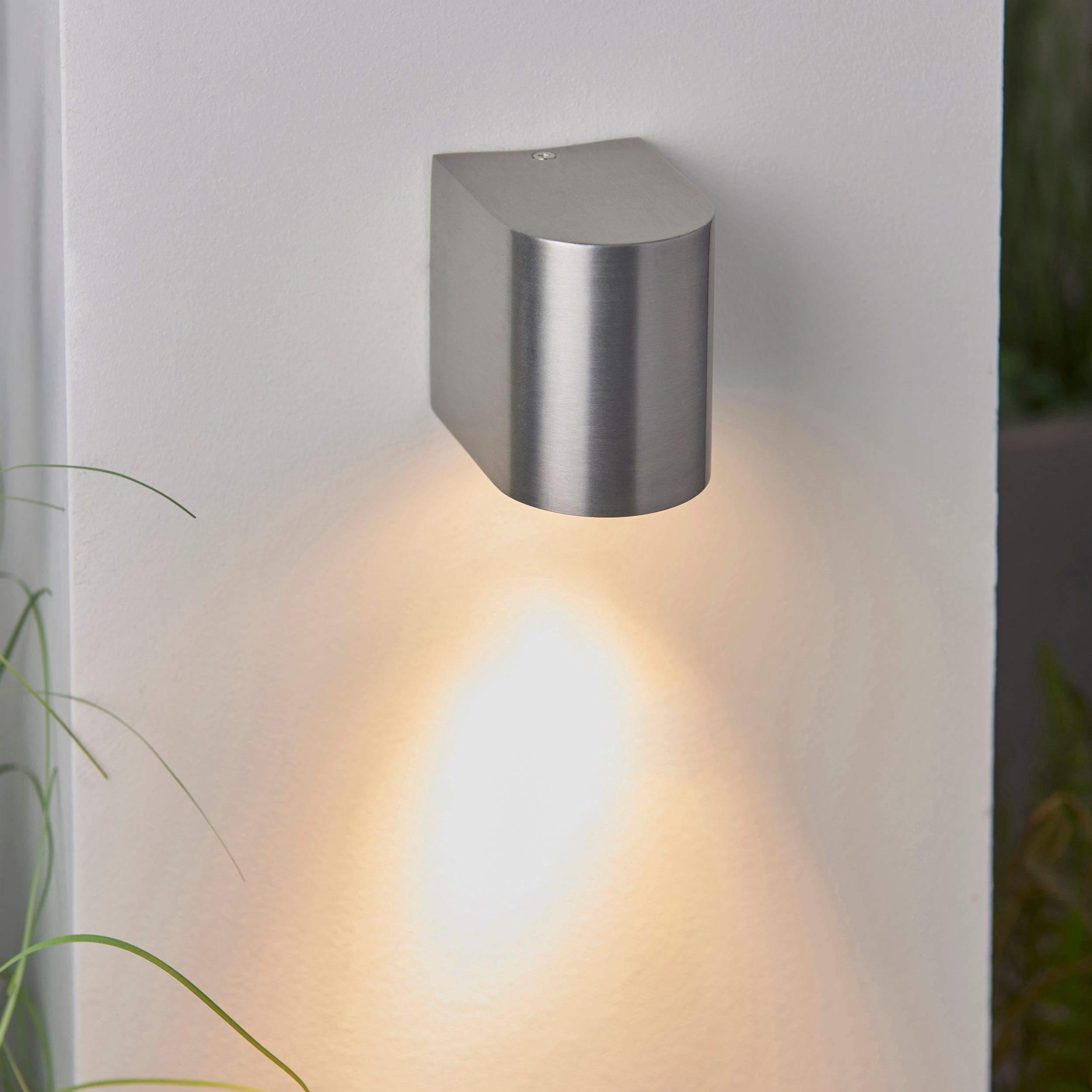 doron silver outdoor down wall light ip44 35wby Saxby Lighting, close up image