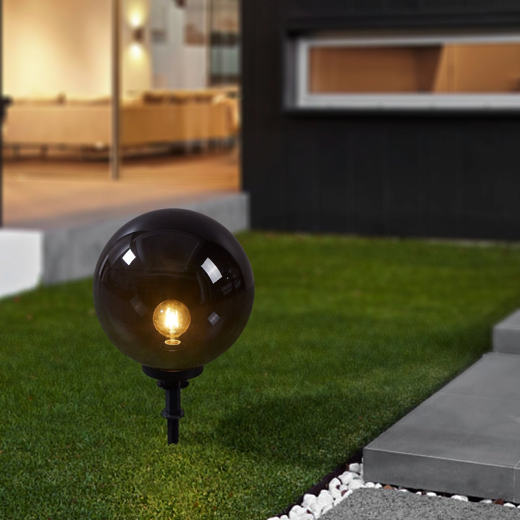 eglo monterollo smoke ip44 black smoke globe ground spike light 40cm