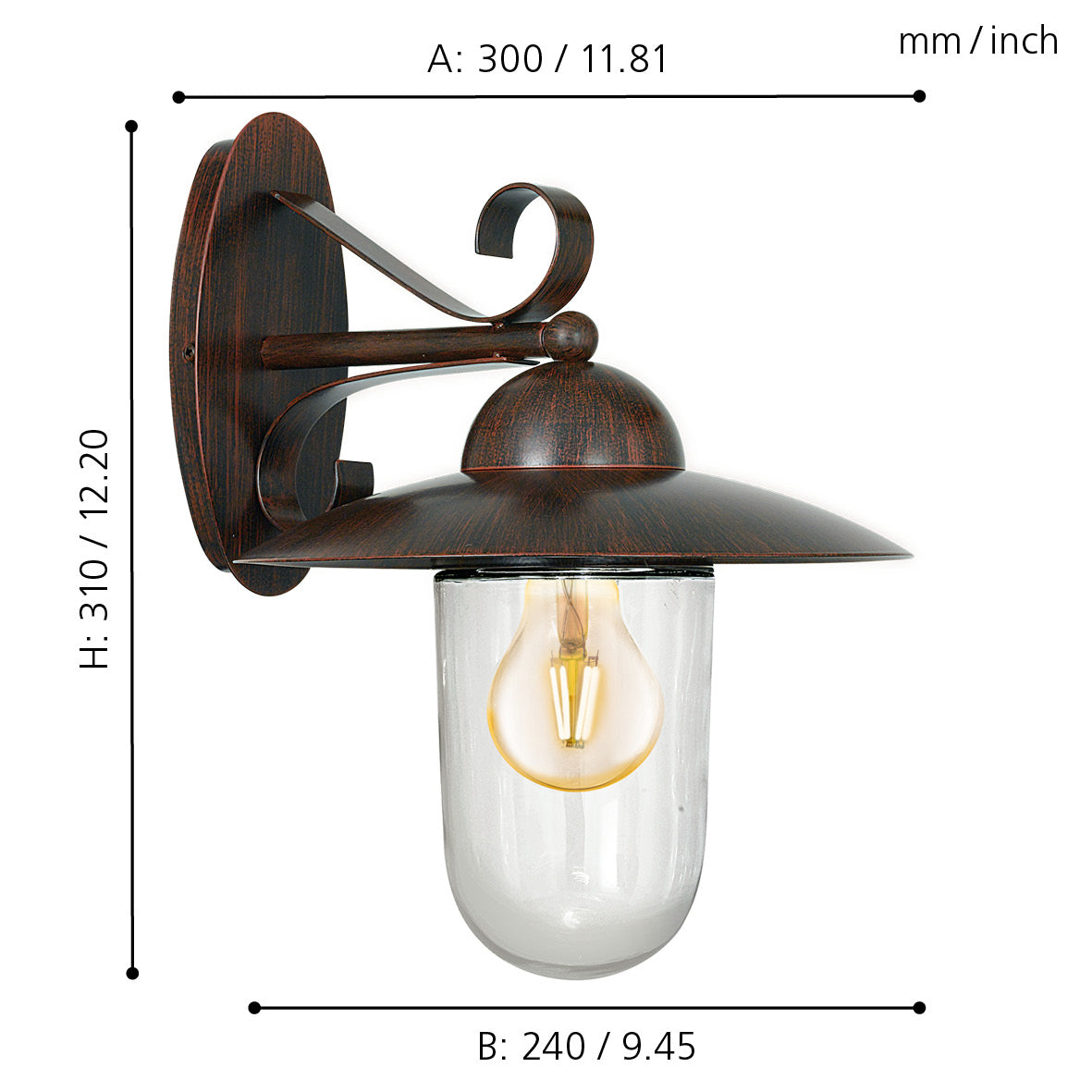 eglo milton antique brown ip44 outdoor wall light living room close up