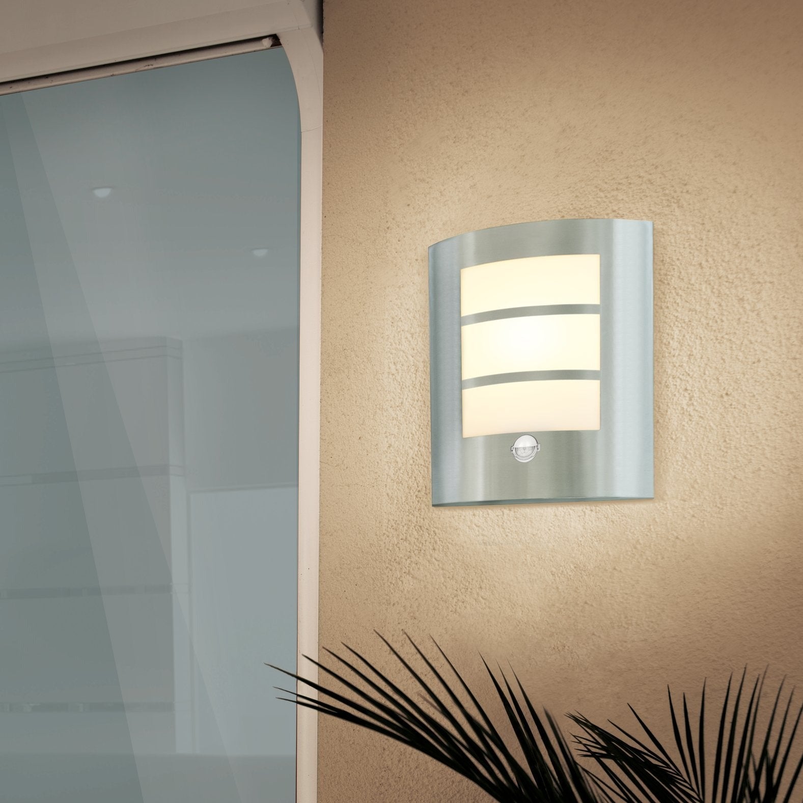 eglo city ip44 curved pir stainless steel outdoor wall light living room image