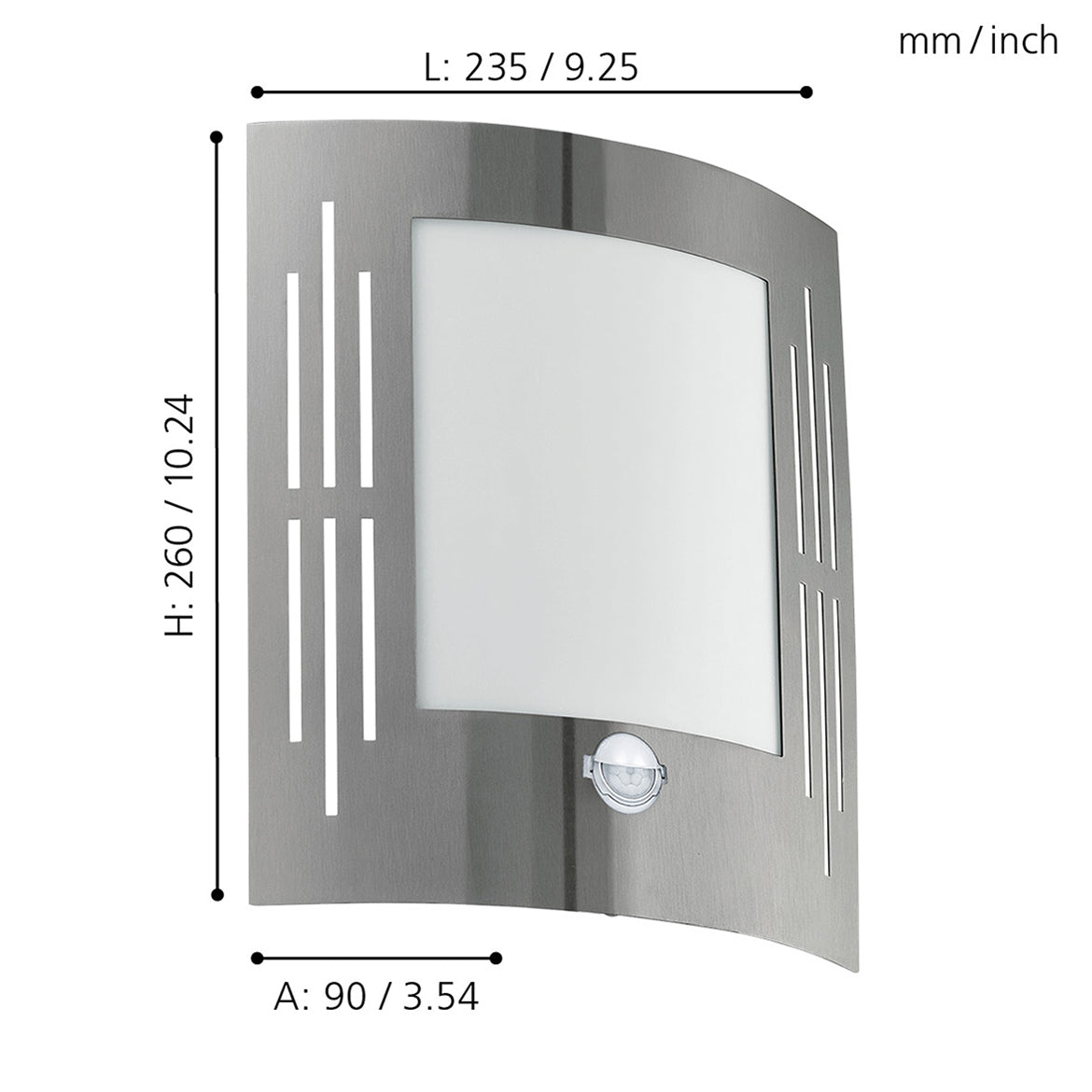 eglo city ip44 curved pir steel glass outdoor wall light living room close up