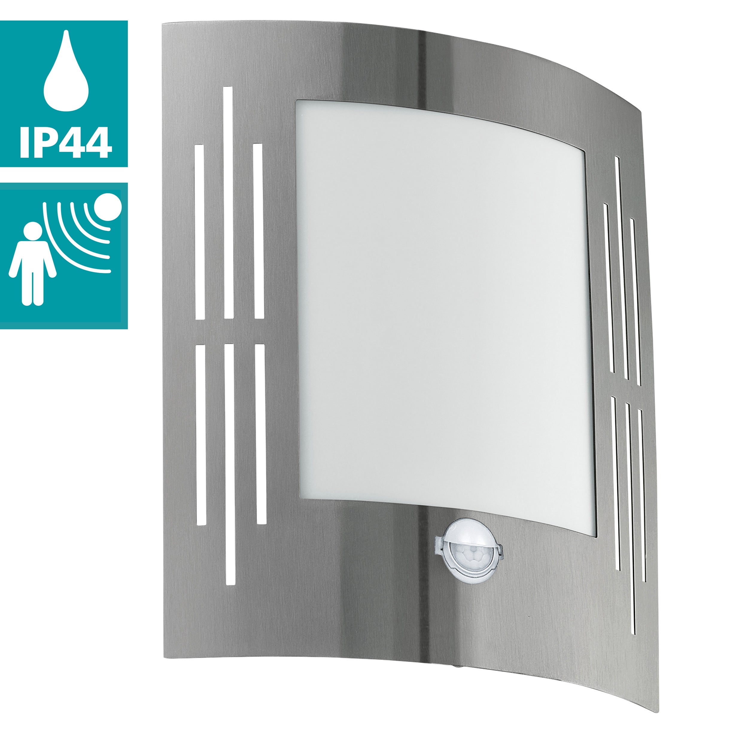 eglo city ip44 curved pir steel glass outdoor wall light kitchen lighting