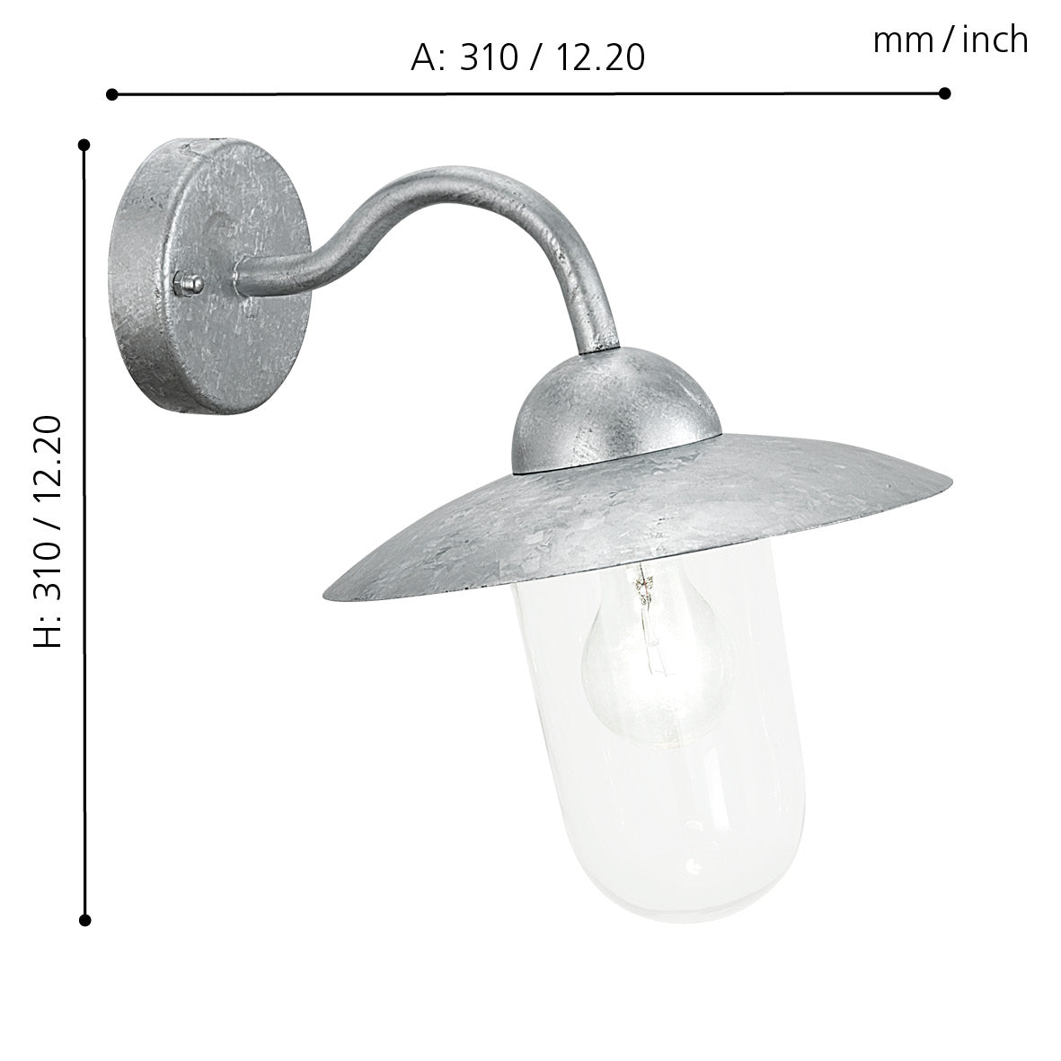 eglo milton ip44 galvanised metal outdoor wall light living room close up