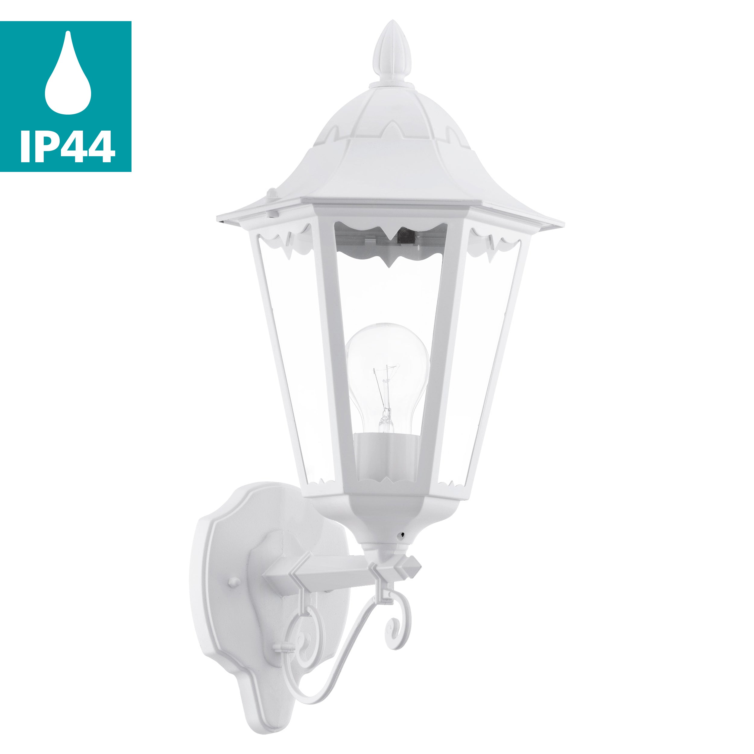 eglo navedo ip44 white upright lantern outdoor wall light living room close up