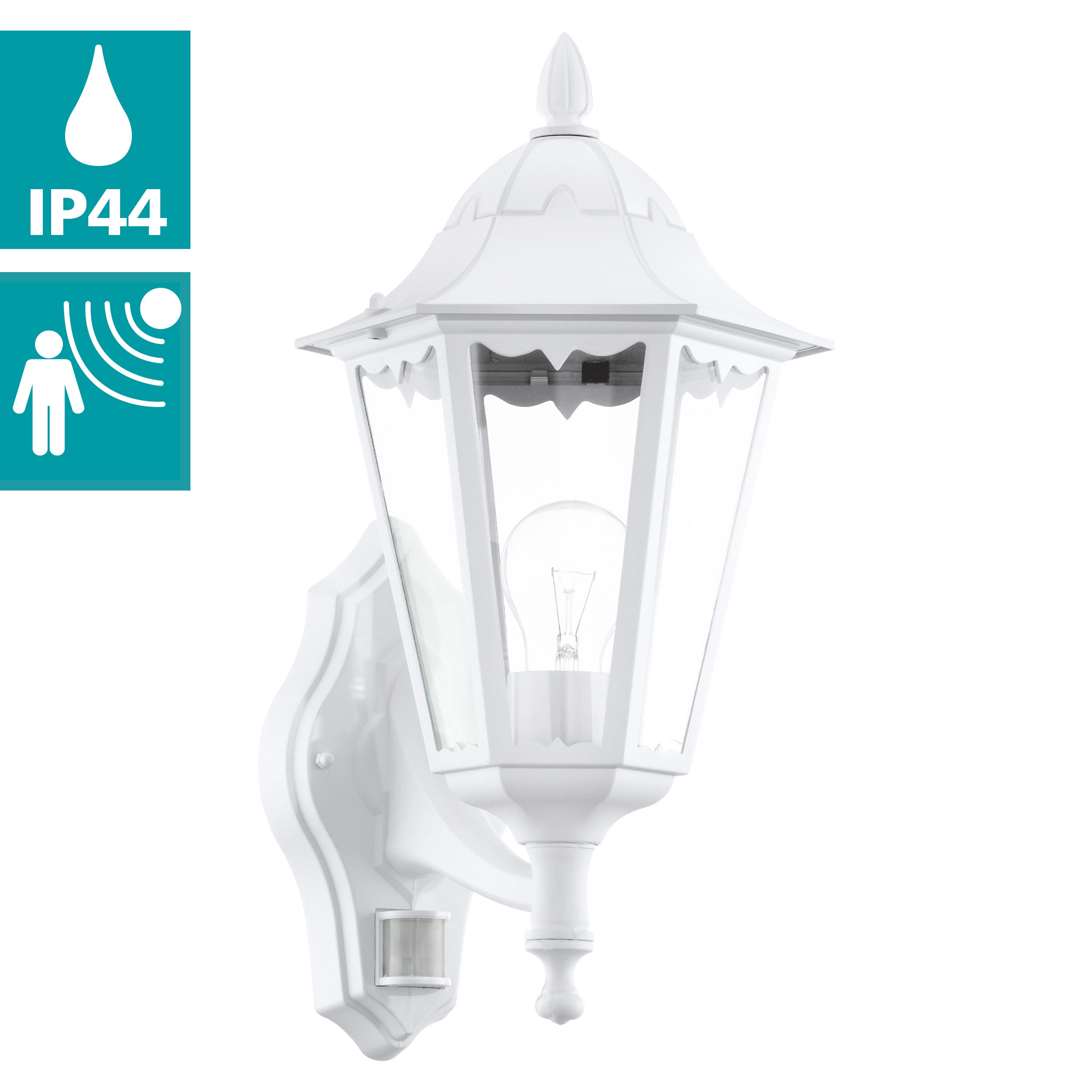 eglo navedo ip44 white pir upright lantern outdoor wall light living room close up