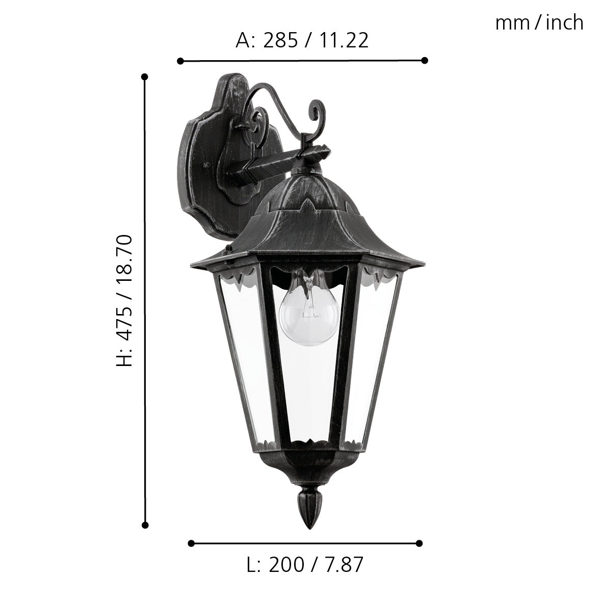 eglo navedo ip44 black silver hanging lantern outdoor wall light living room close up