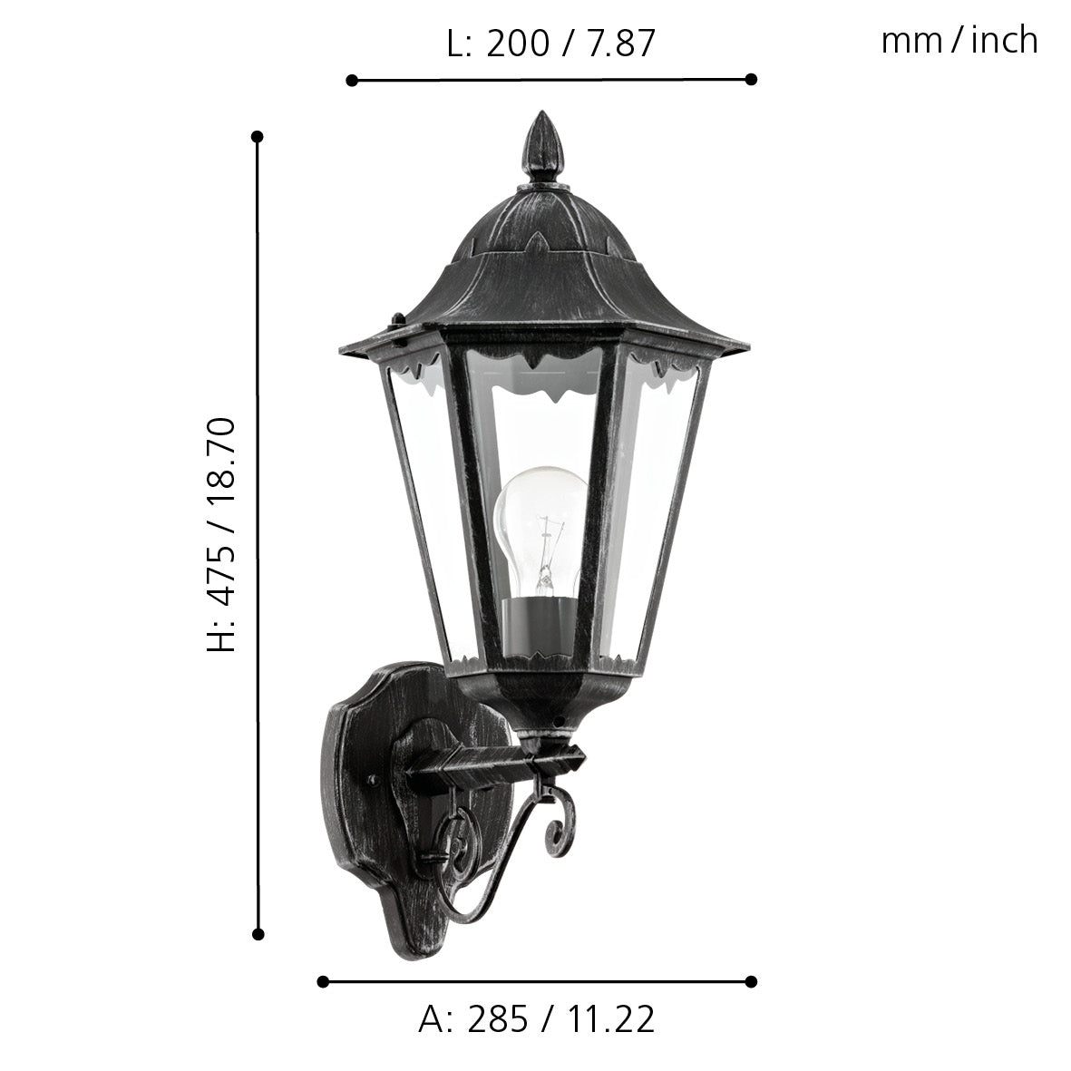eglo navedo ip44 black silver upright lantern outdoor wall light kitchen lighting