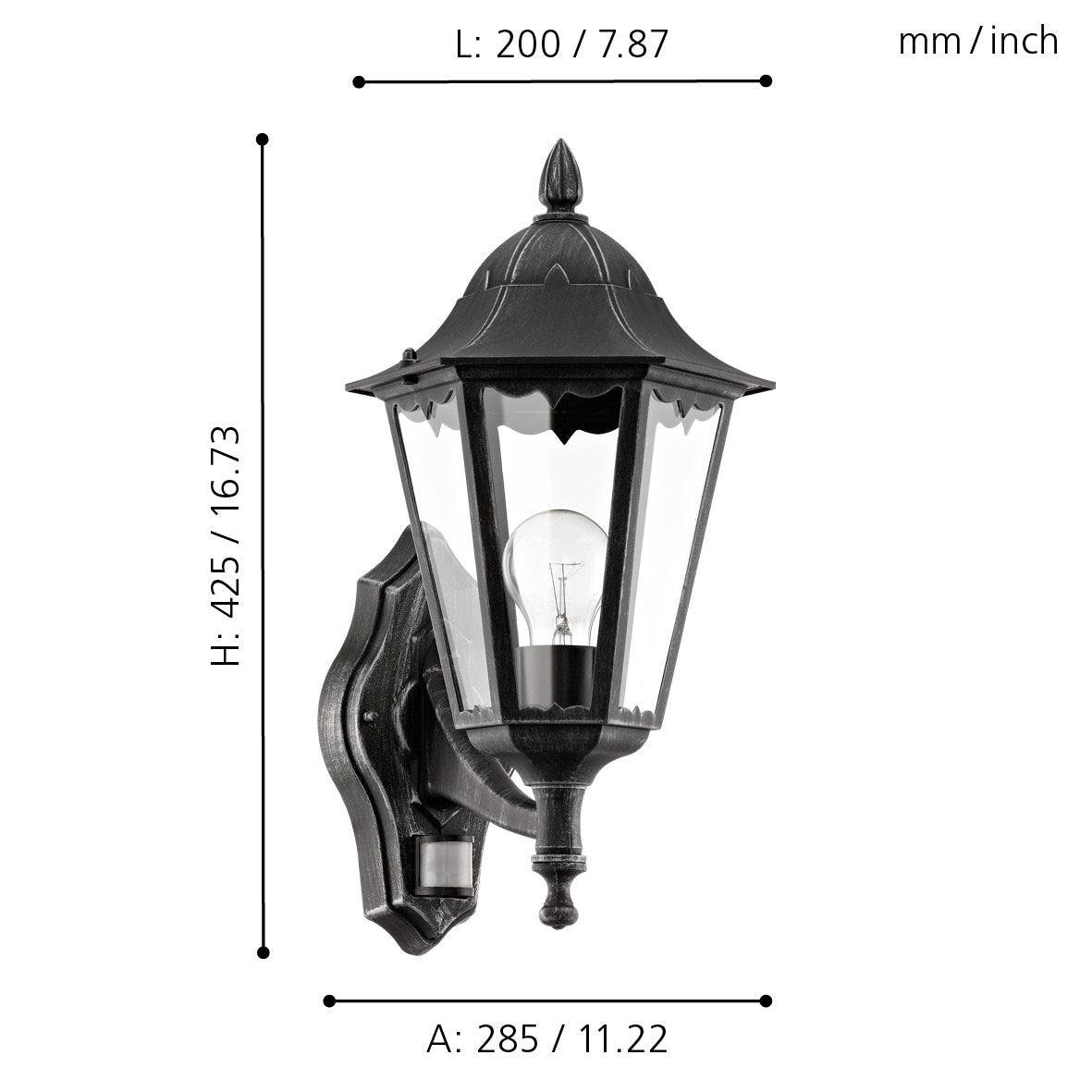 Eglo Navedo IP44 Black & Silver PIR Upright Lantern Wall Light-WAREHOUSE-40-200326