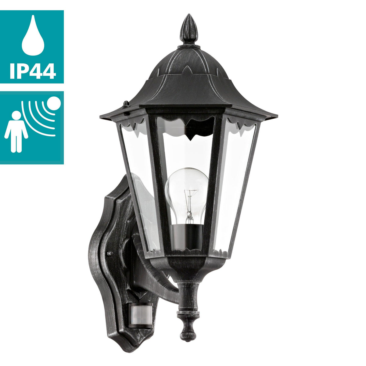 Eglo Navedo IP44 Black & Silver PIR Upright Lantern Wall Light-WAREHOUSE-40-200326