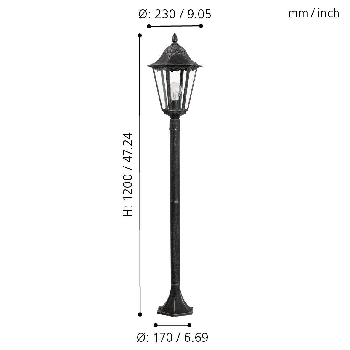 eglo navedo black silver bollard pathway outdoor ip44 light living room close up