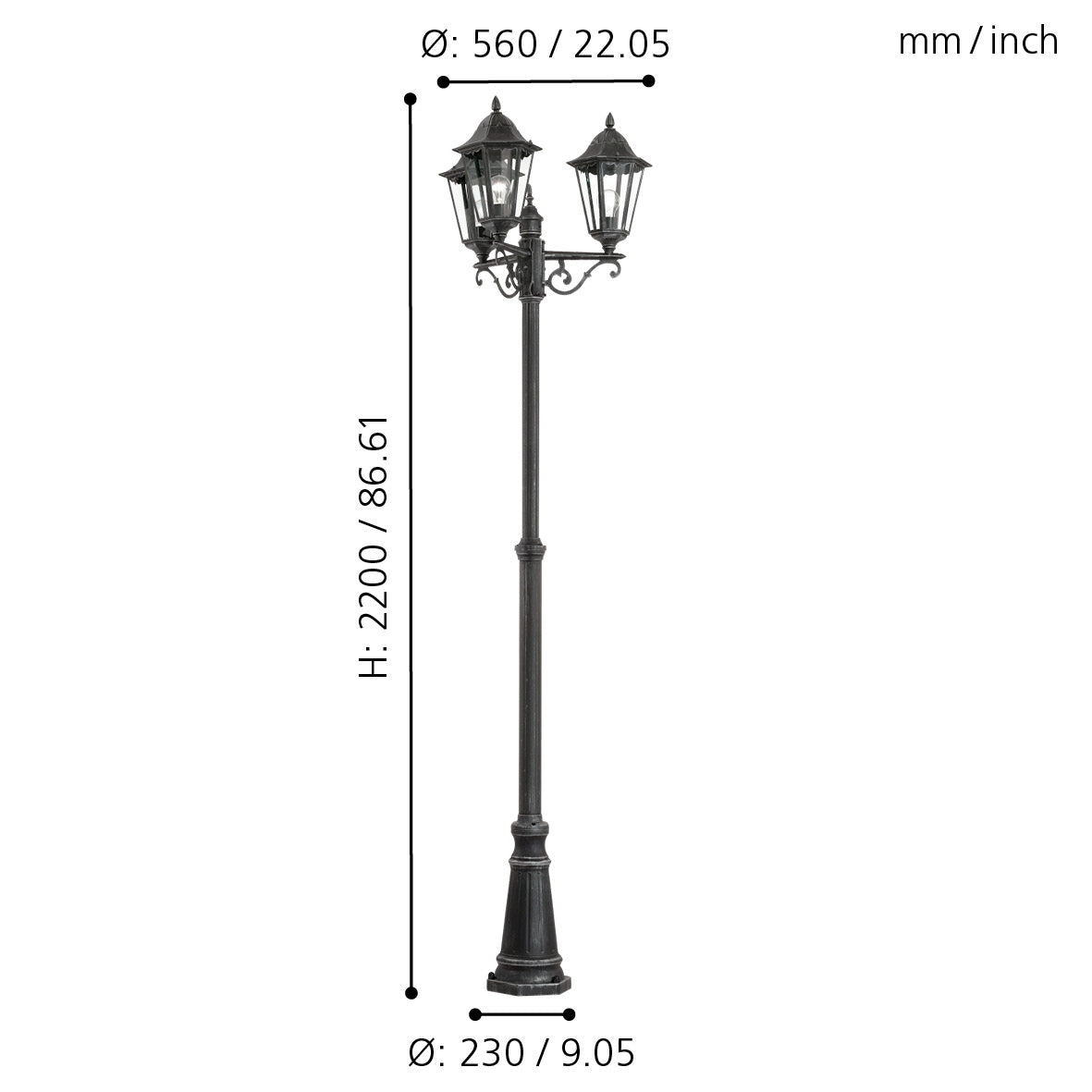 eglo navedo black silver 3 light lamp post pathway outdoor ip44 light living room close up