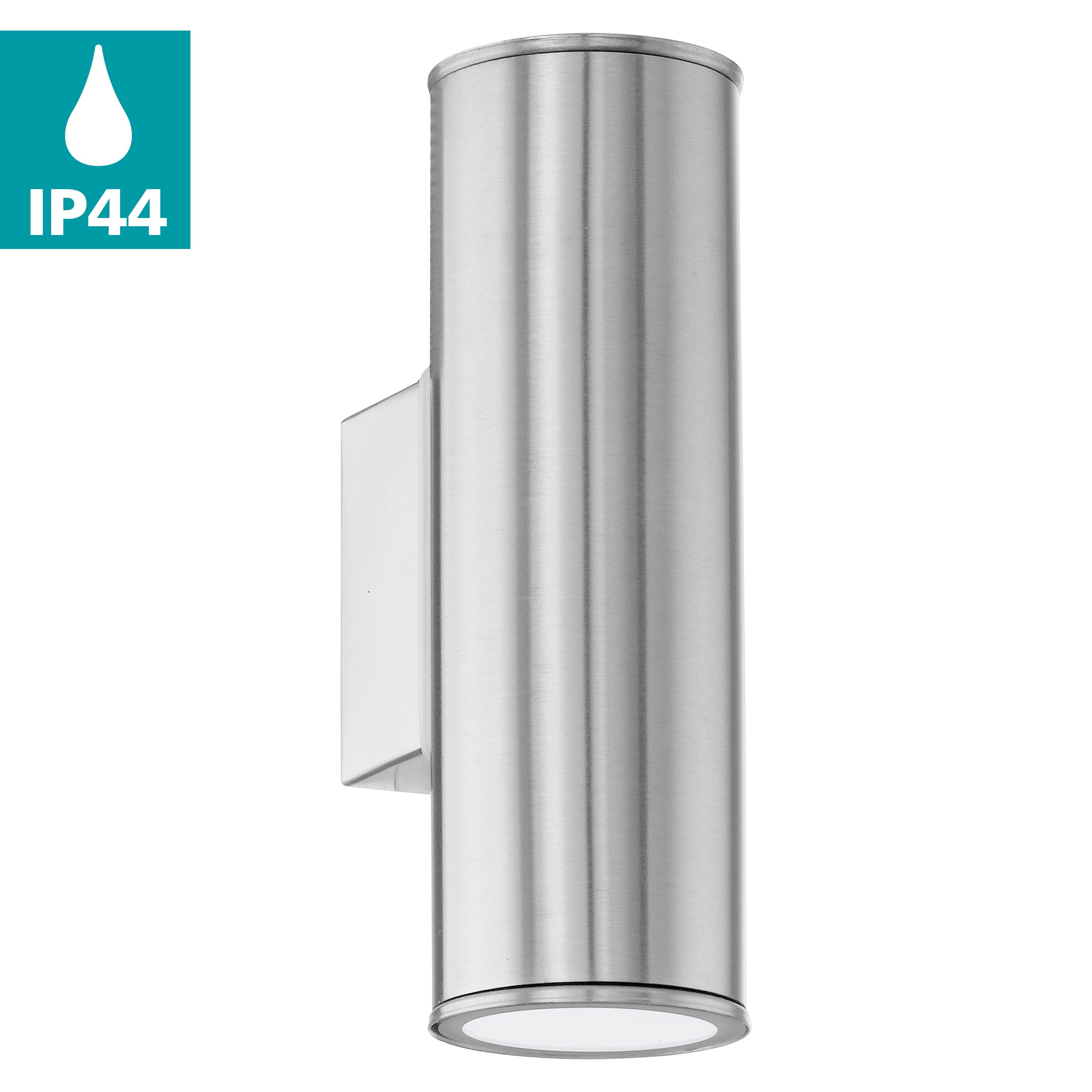 eglo riga stainless steel ip44 up down wall light living room close up