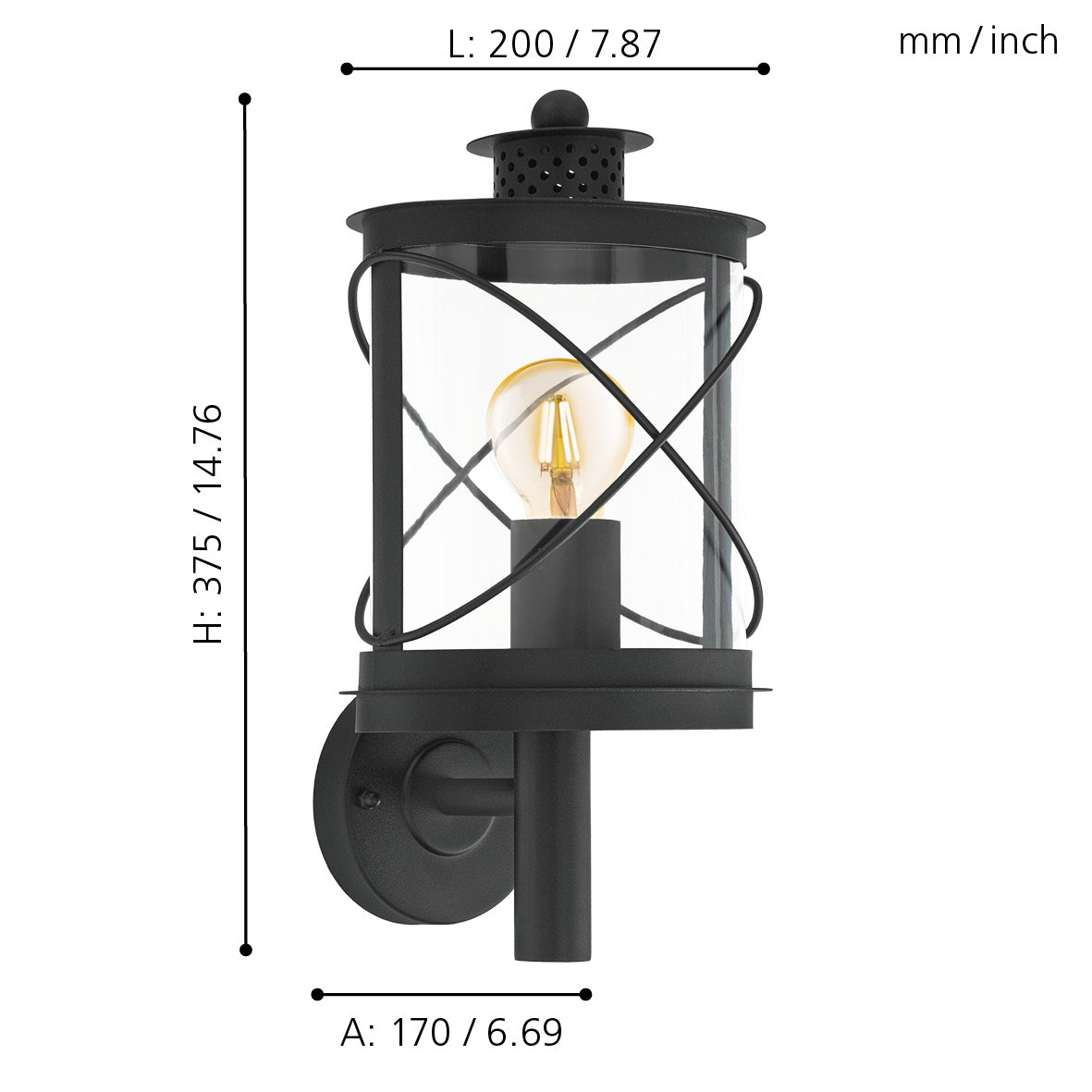 eglo hilburn black lantern style ip44 outdoor wall light living room close up