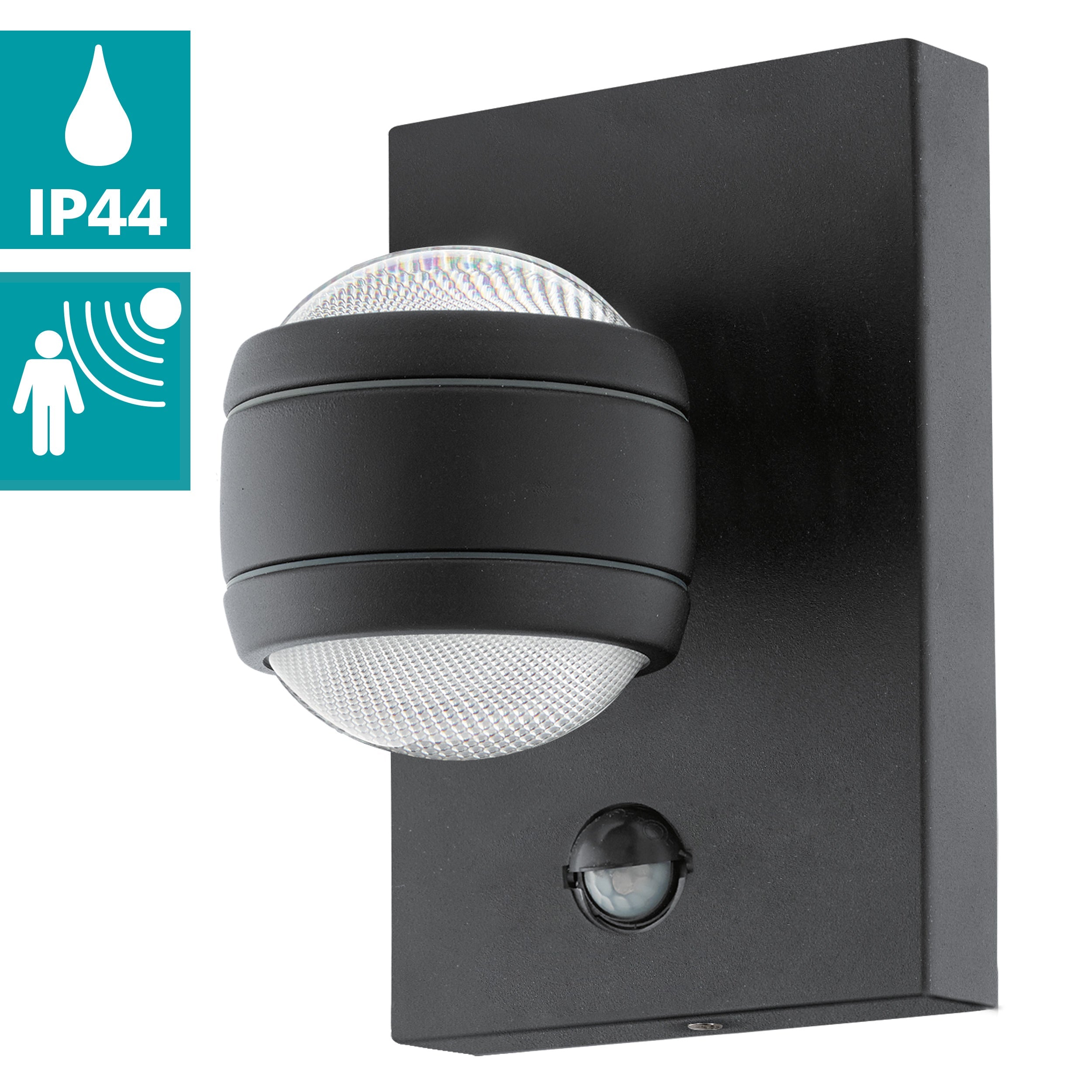 eglo sesimba 1 led black pir outdoor ip44 wall light living room close up