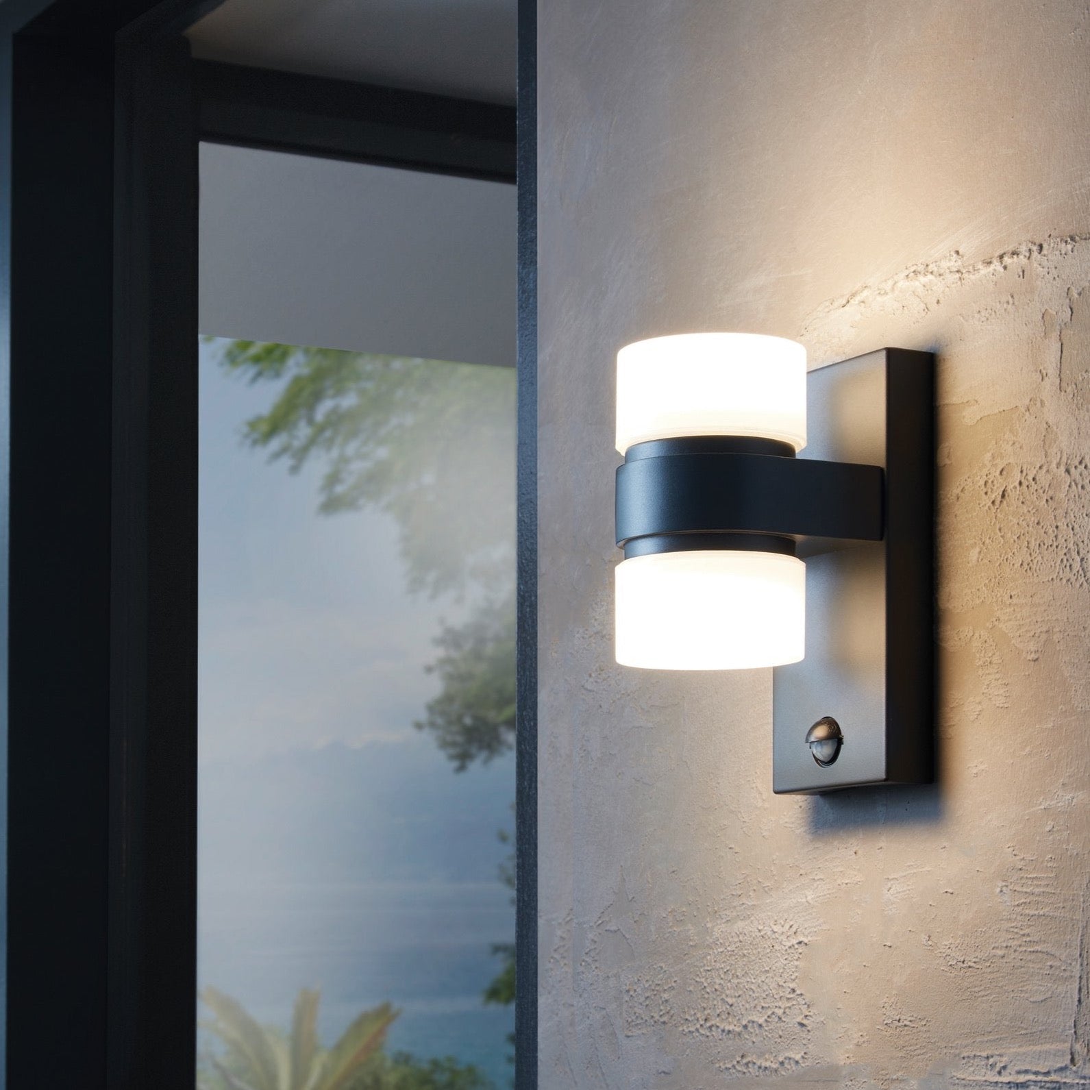 eglo atollari grey led outdoor pir wall light ip44 living room close up