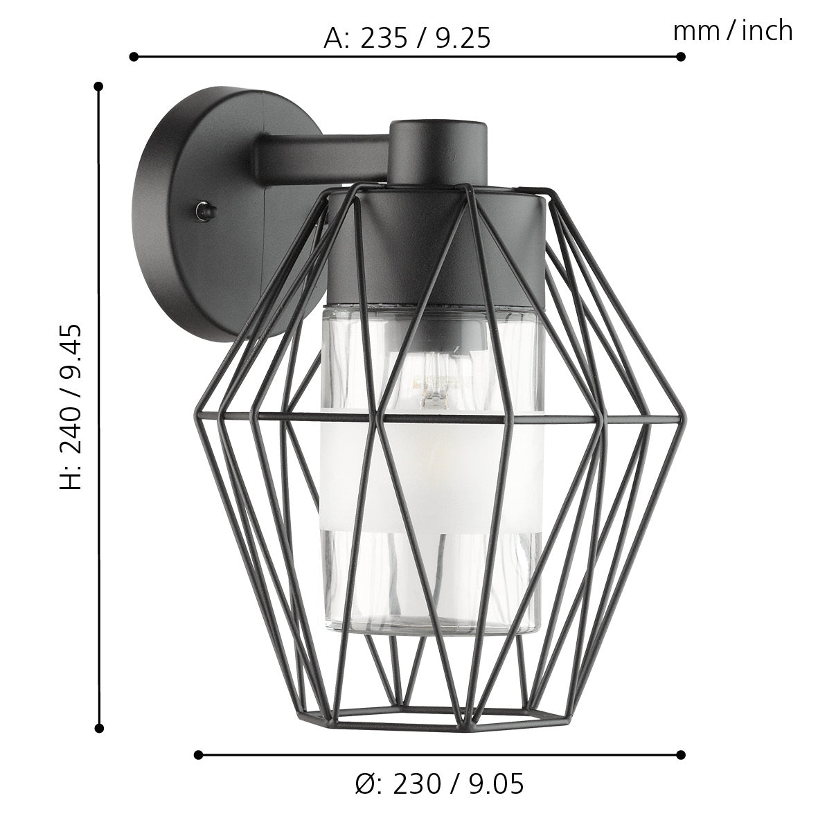 eglo canove black lantern style metal wire outdoor wall light ip55 living room close up