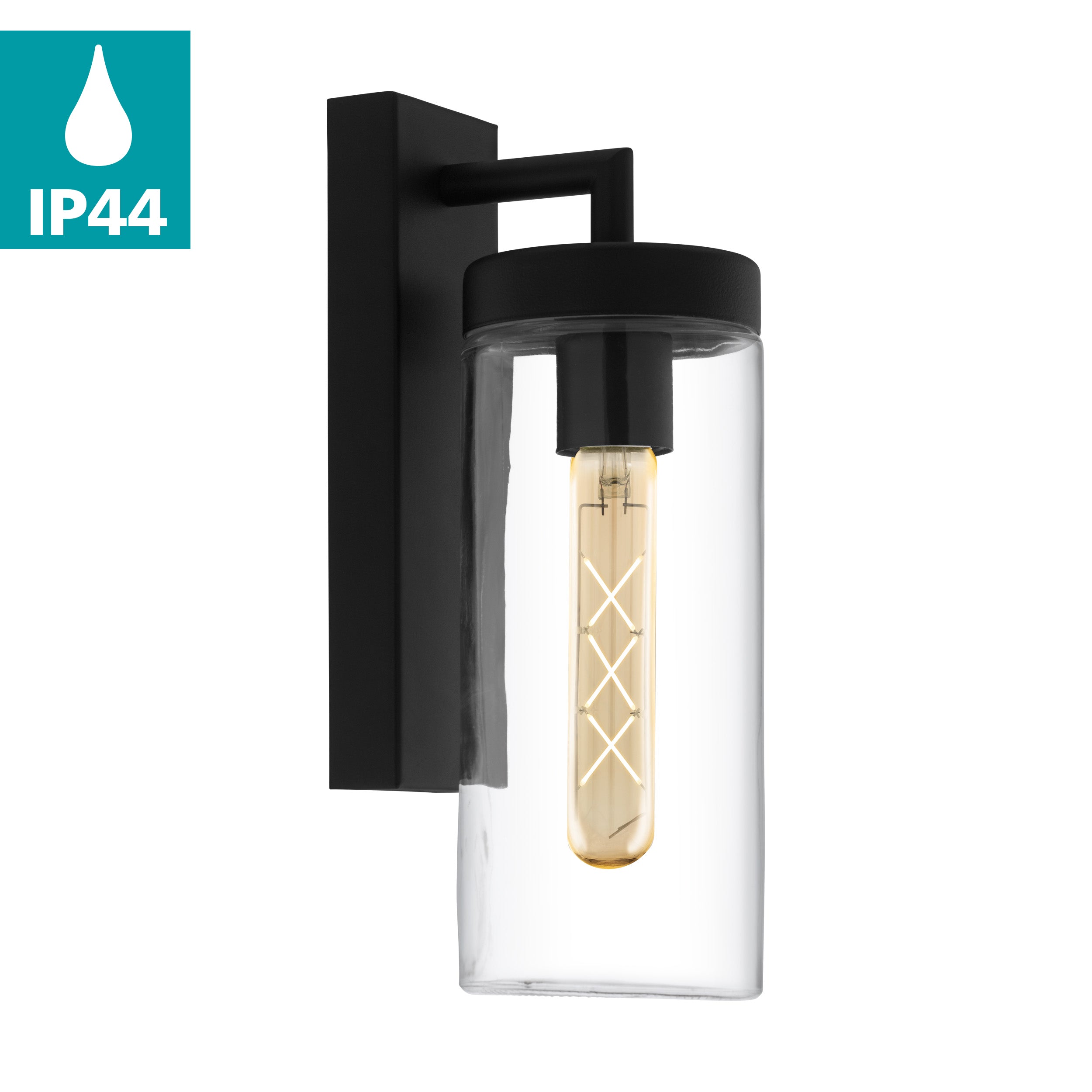 eglo bovolone ip44 black outdoor wall light glass shade living room close up