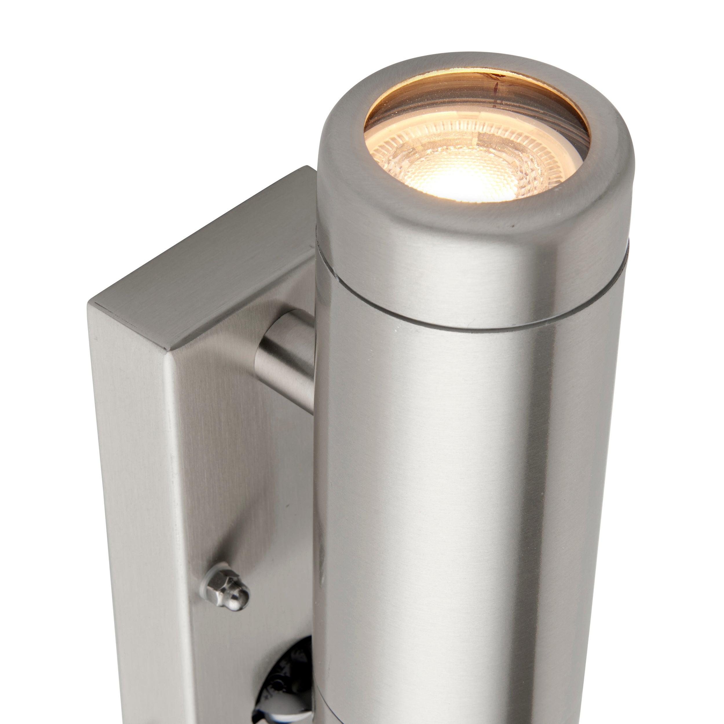 odyssey pir steel twin outdoor wall light ip44 7w by saxby lighting, close up image 126