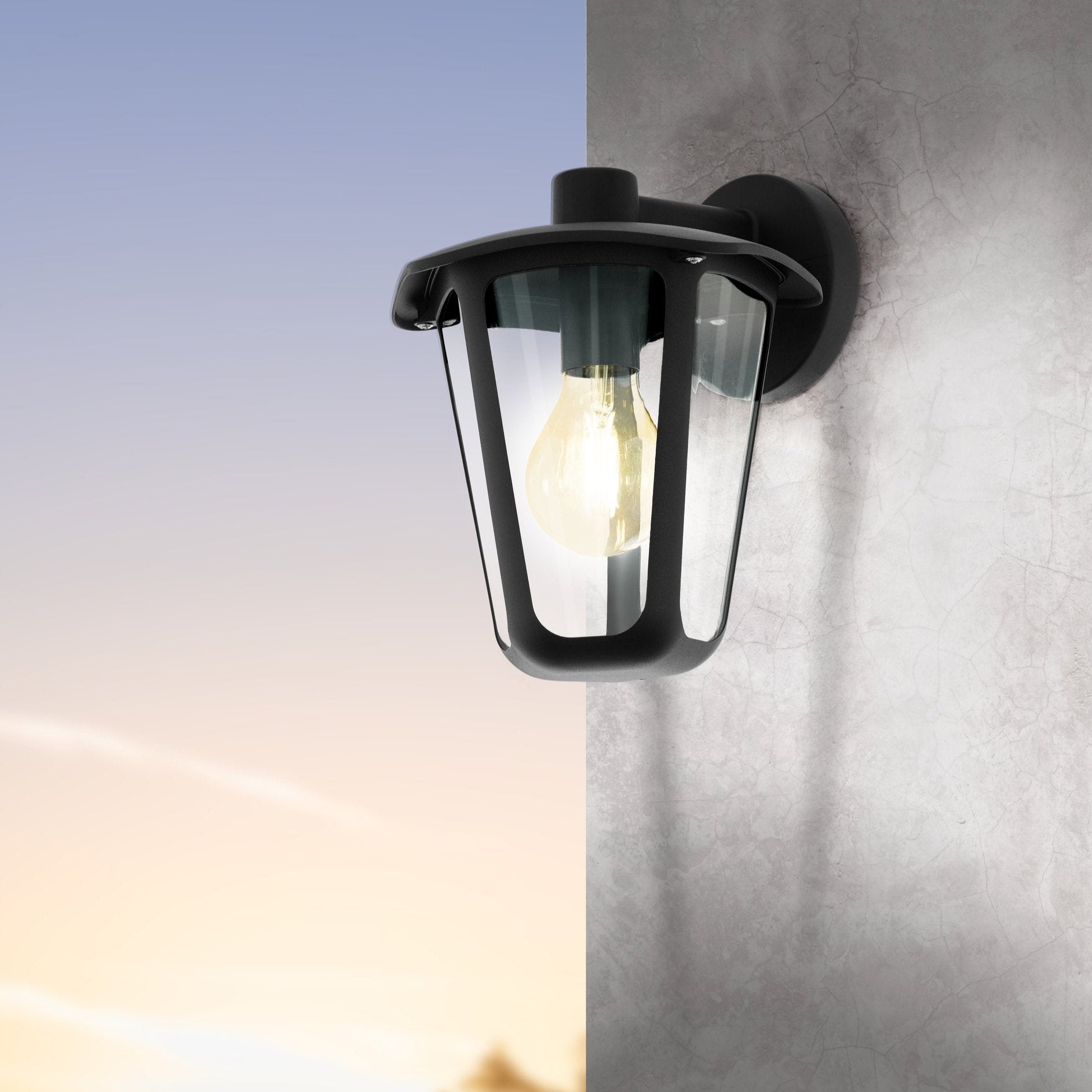 eglo monreale black ip44 outdoor lantern wall light living room close up