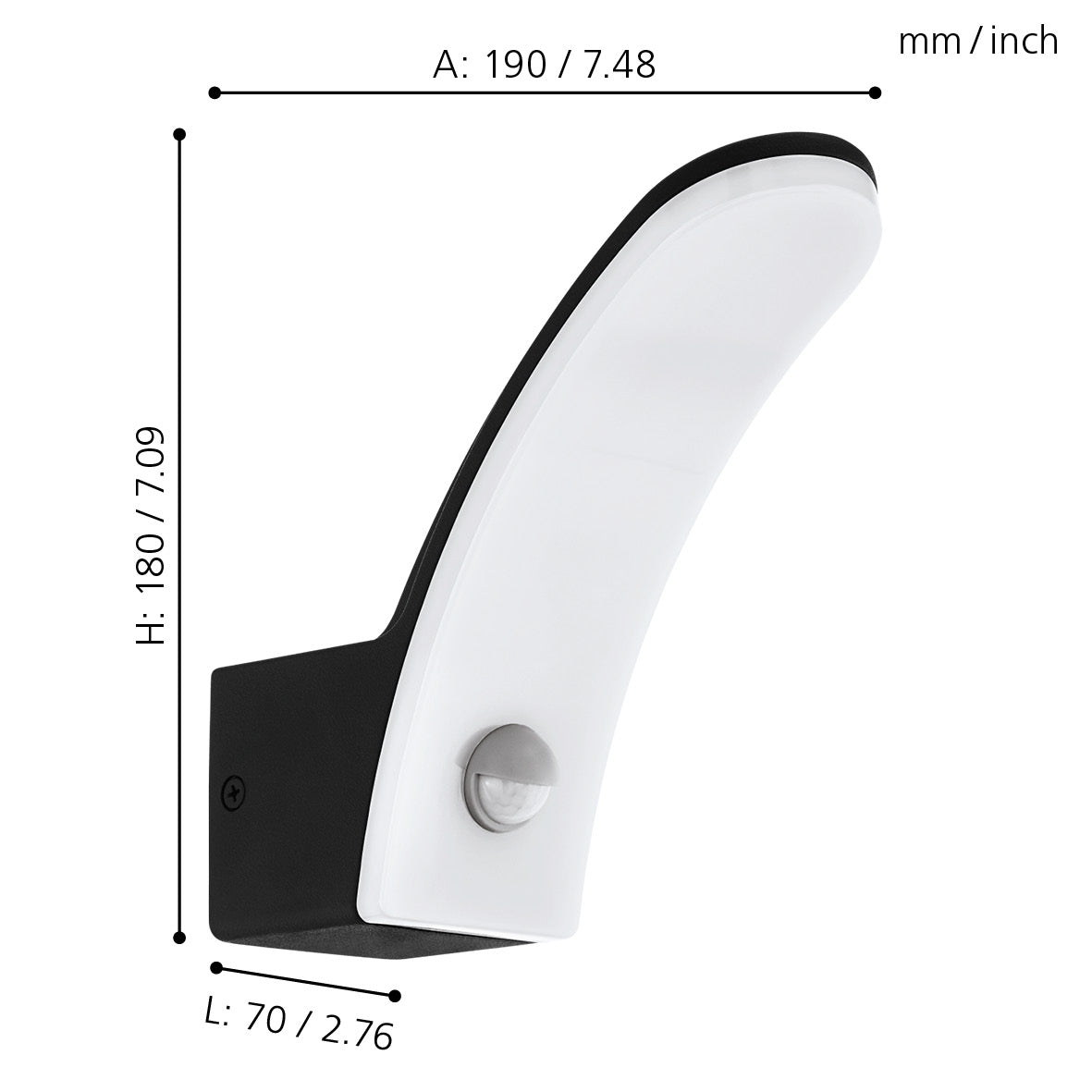 eglo fiumicino black pir curved led outdoor wall light ip45 living room close up