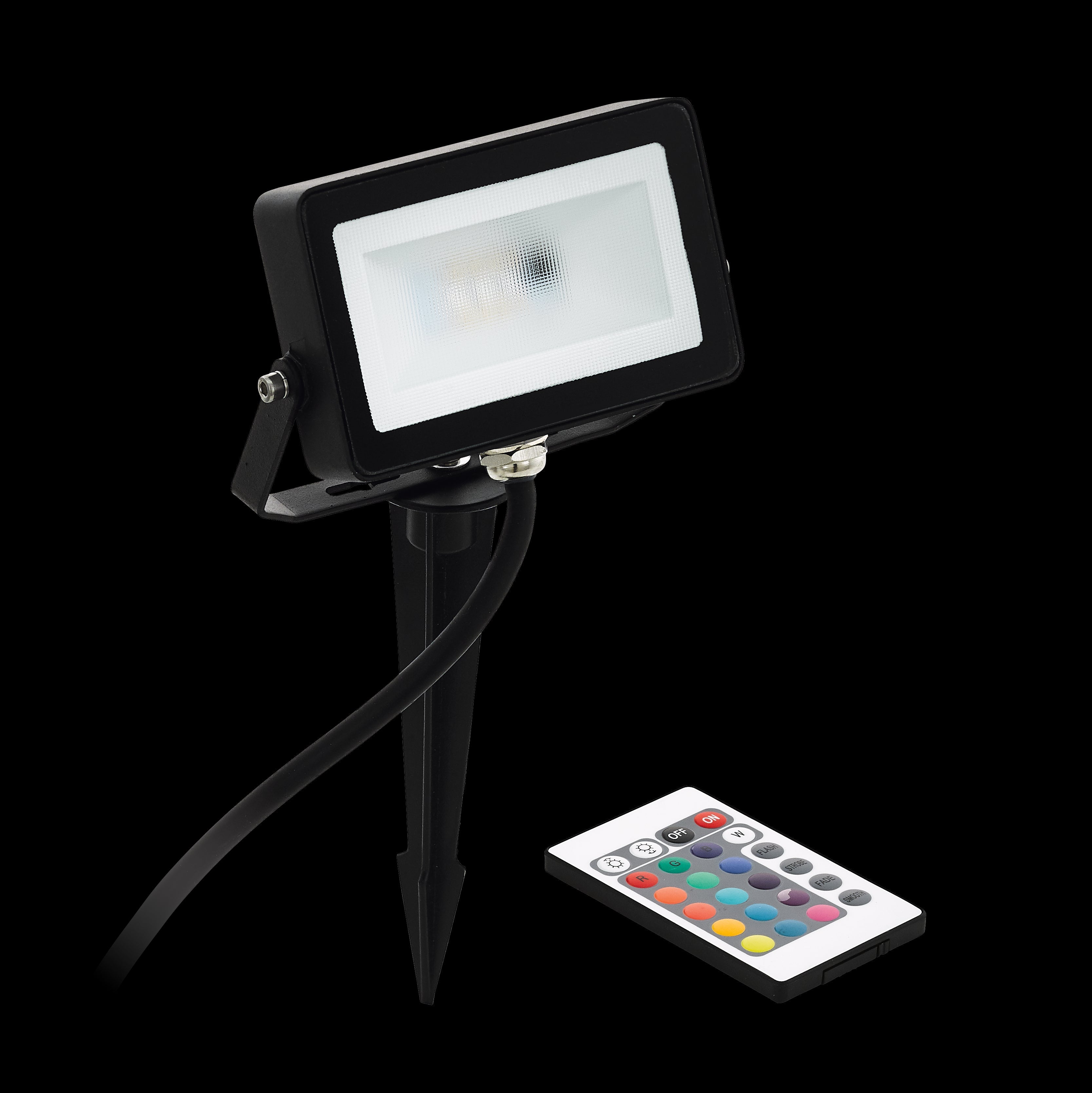 eglo faedo 4 spike black metal outdoor flood light with remote living room image