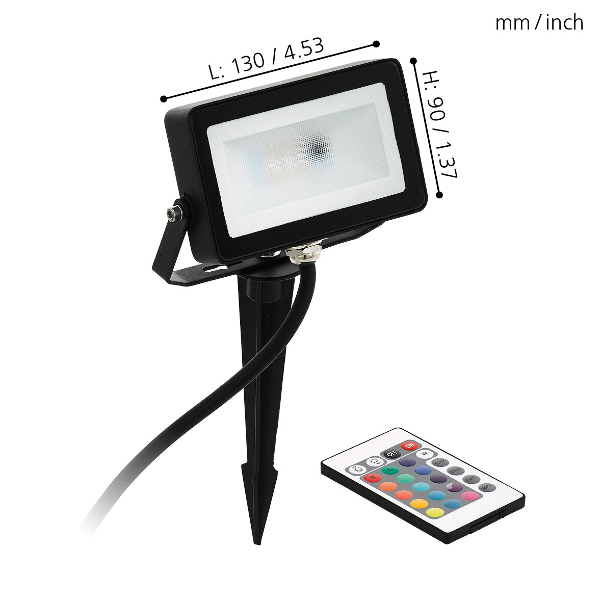 eglo faedo 4 spike black metal outdoor flood light with remote living room close up