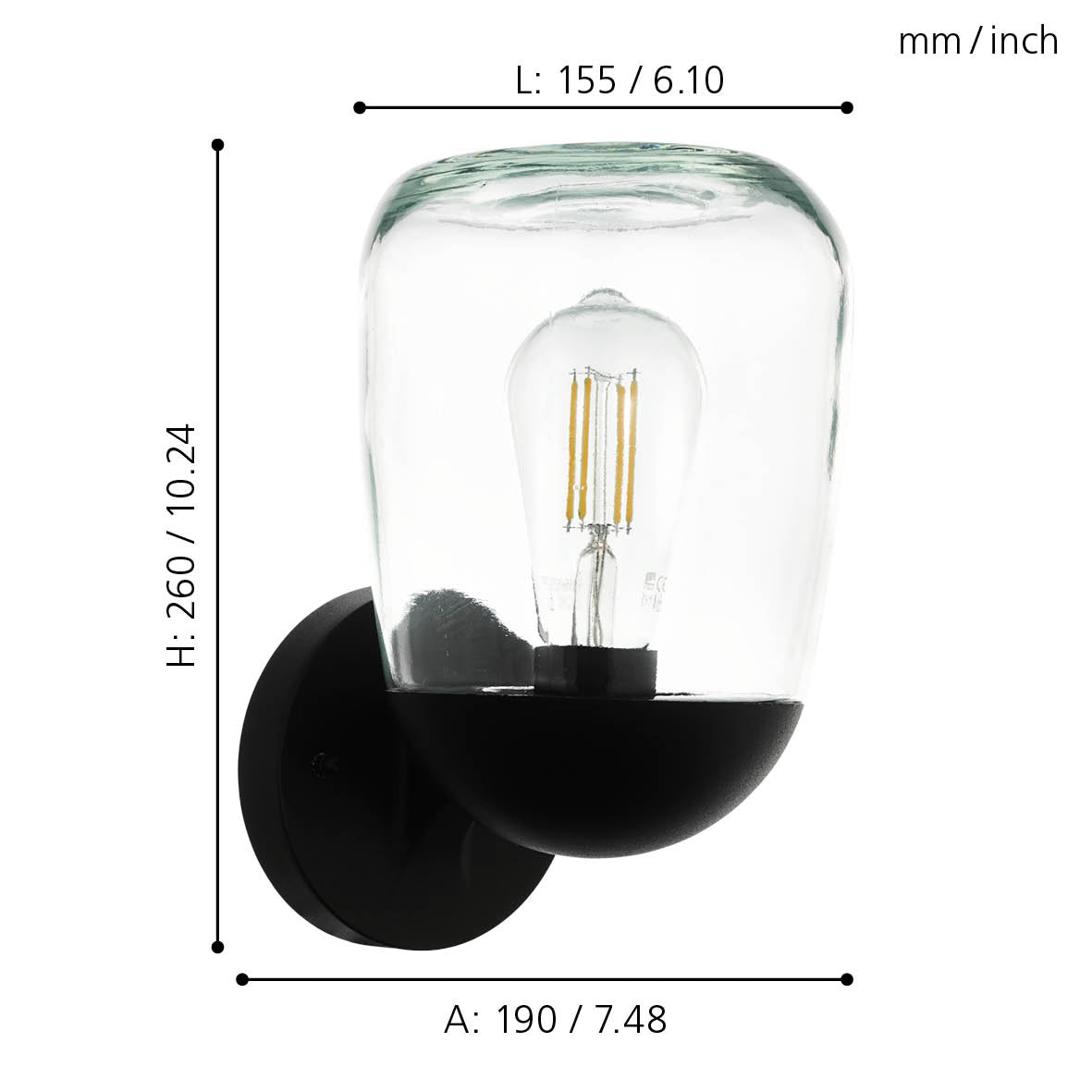 eglo donatori black clear glass outdoor wall light ip44 living room close up