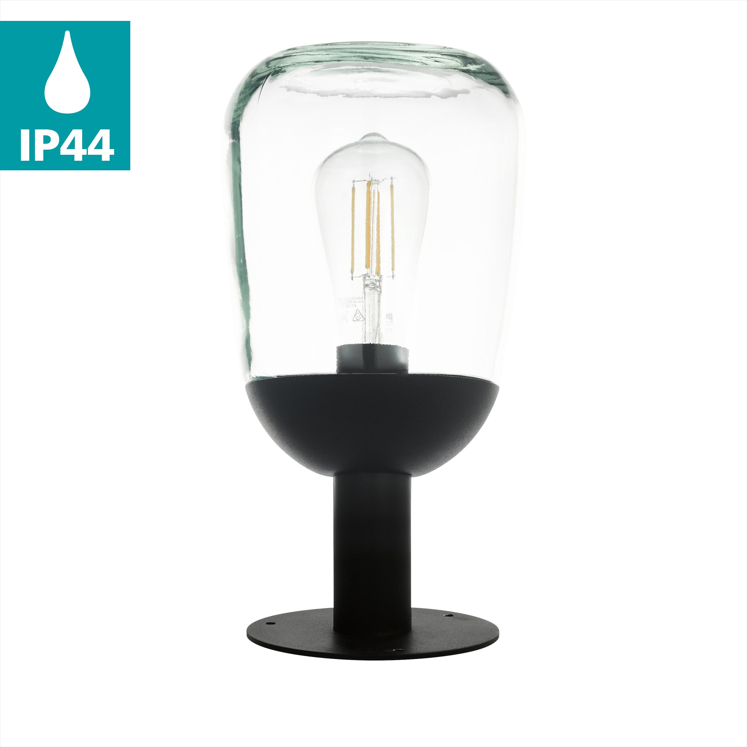 eglo donatori ip44 black pedestal light rounded clear glass shade living room close up