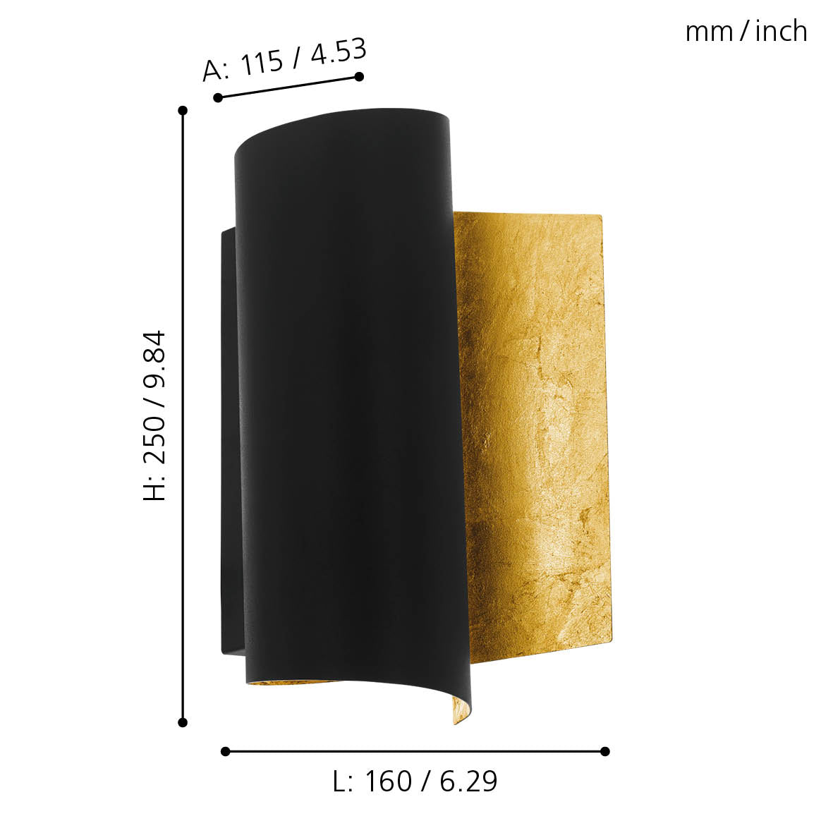 eglo falicetto black gold leaf curved wall light living room close up