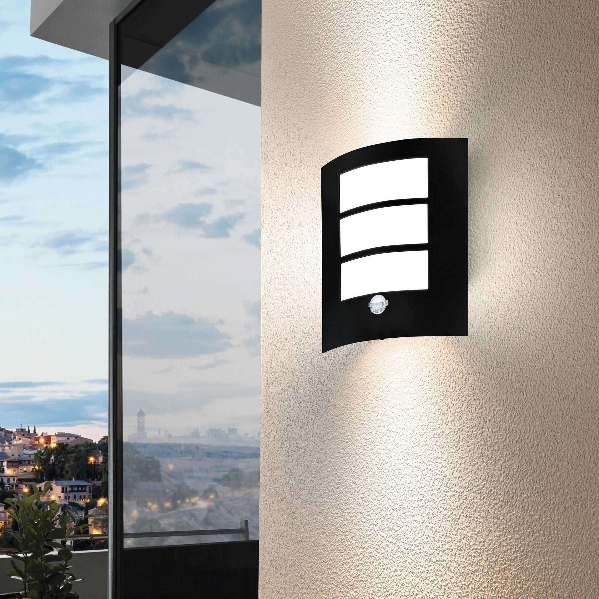eglo city black curved outdoor pir wall light