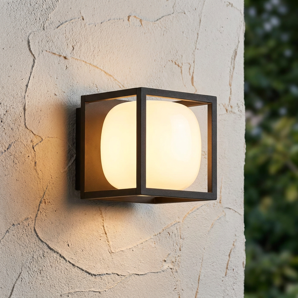 Black cube frame wall light with a glowing rounded white diffuser mounted on a textured stone wall.
