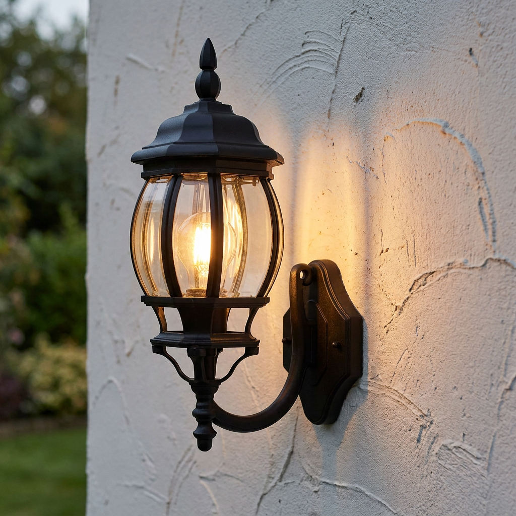 Traditional black outdoor wall lantern with clear glass panels, glowing on a textured white exterior wall.