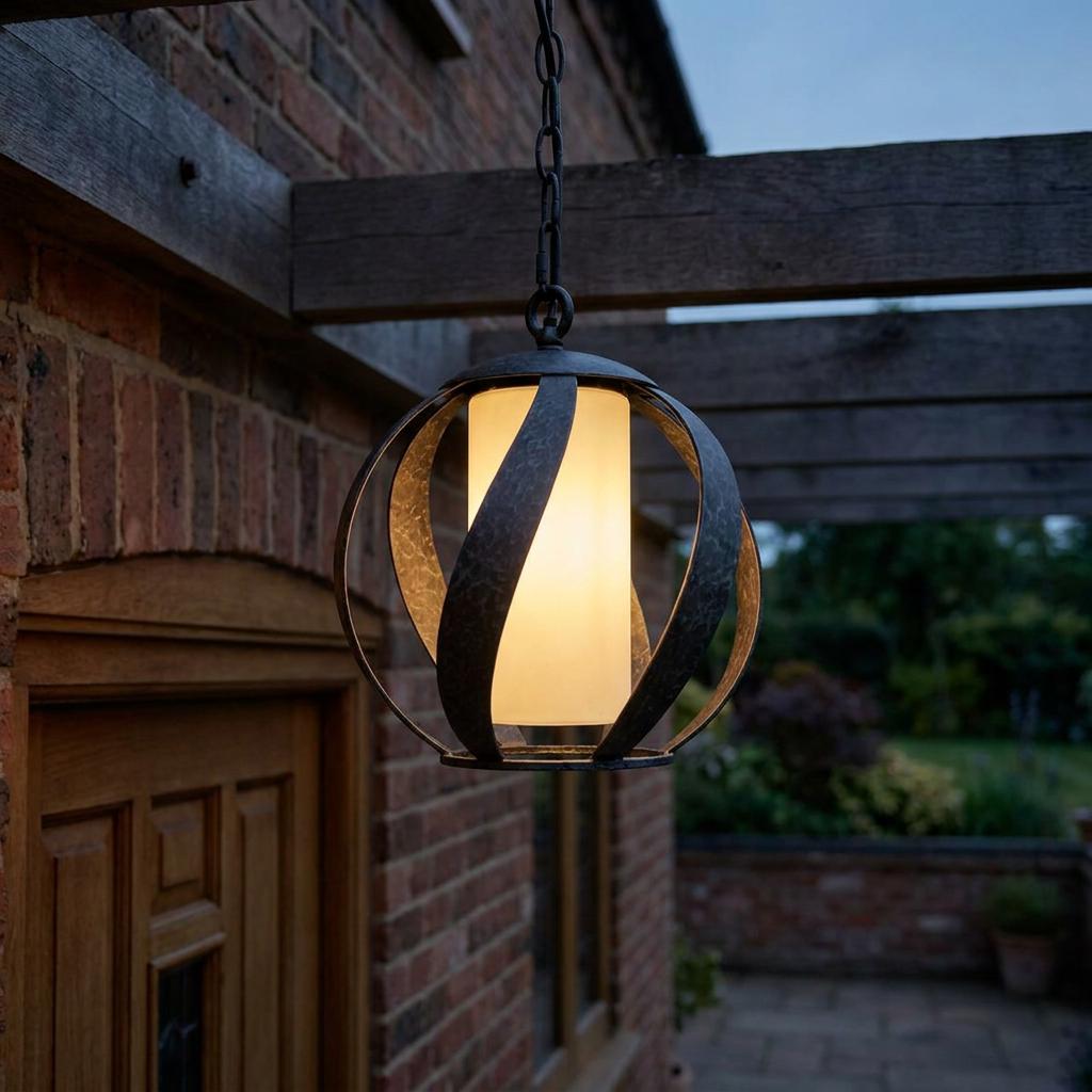 Wrought iron orb outdoor pendant with a glowing frosted glass shade hanging under a wooden pergola at dusk.