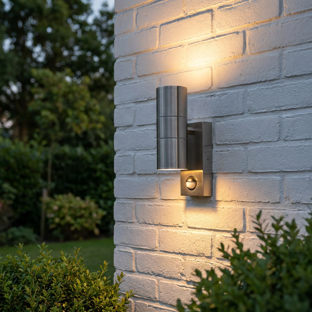A cylindrical stainless steel up/down outdoor wall light with a PIR sensor mounted on a white brick wall at dusk.