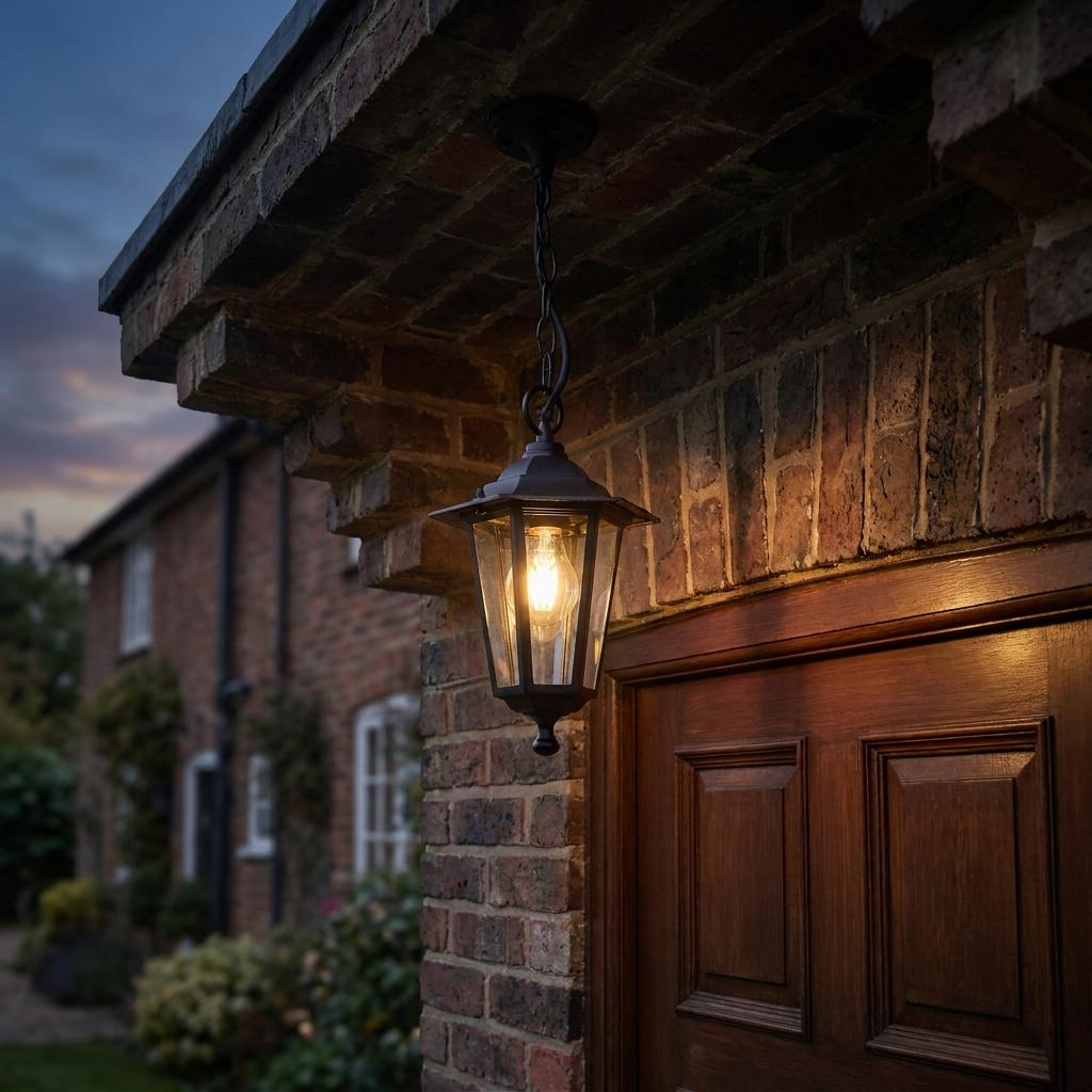 Eglo Laterna 4 black outdoor ceiling pendant illuminated above a wooden door under a brick porch at dusk.