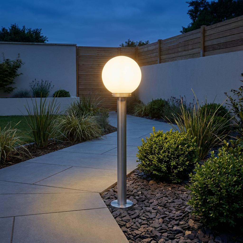 Glowing white glass globe pillar light on a stainless steel post illuminating a garden path at twilight.
