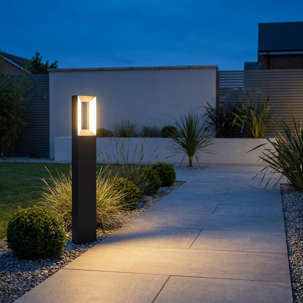 A black linear LED bollard light illuminating a modern stone garden path at dusk.