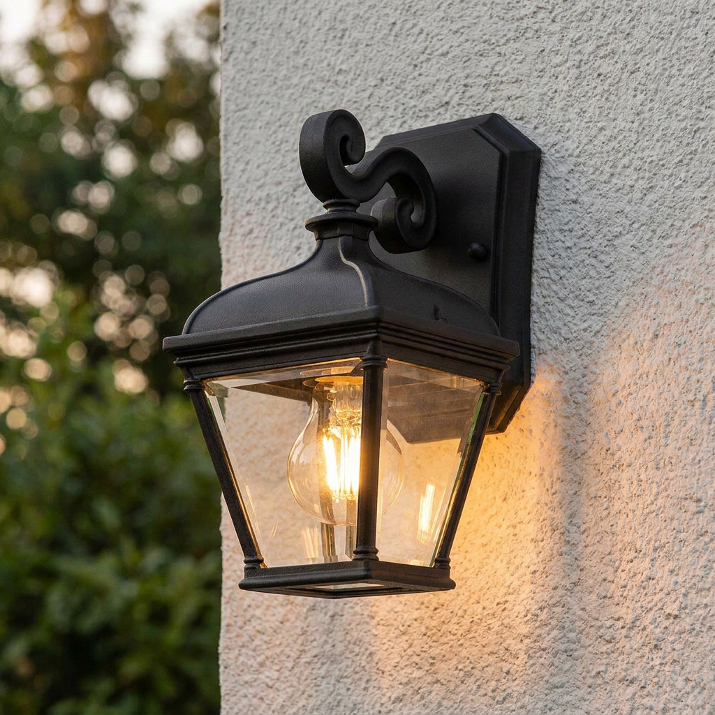 Illuminated black traditional wall lantern with clear glass, mounted on a textured outdoor stucco wall.