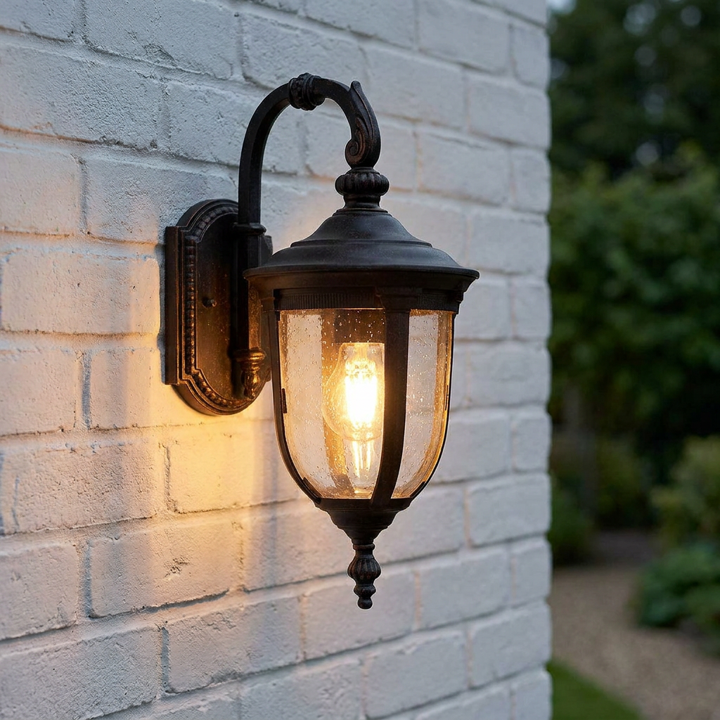 Traditional bronze outdoor lantern with seeded glass and a warm glowing bulb mounted on a white brick wall.