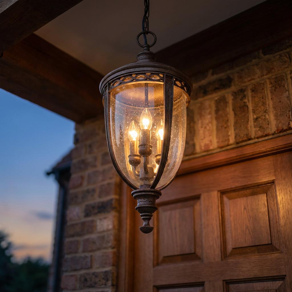 Lit bronze pendant lantern with seeded glass hanging outside a wooden door at dusk.