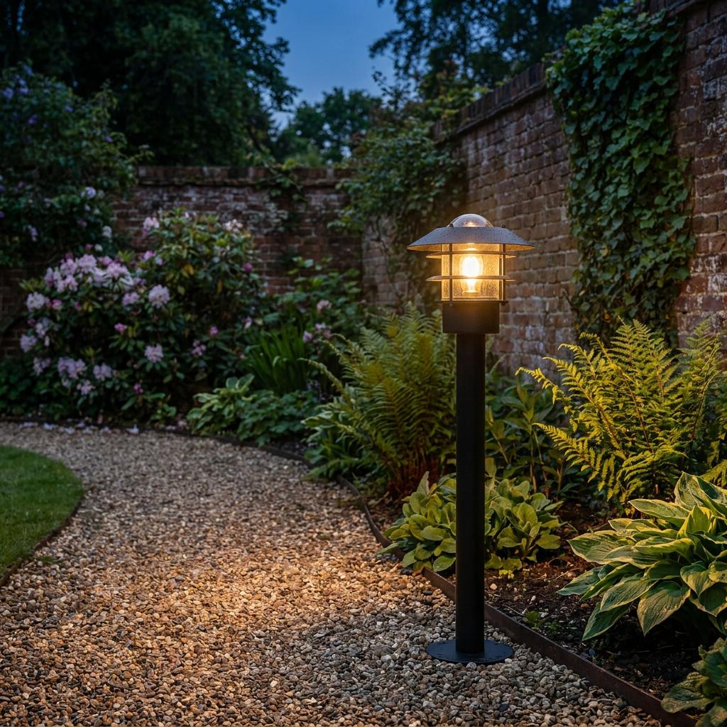 An Elstead Helsingor black outdoor bollard light illuminating a gravel path beside a garden wall at dusk.