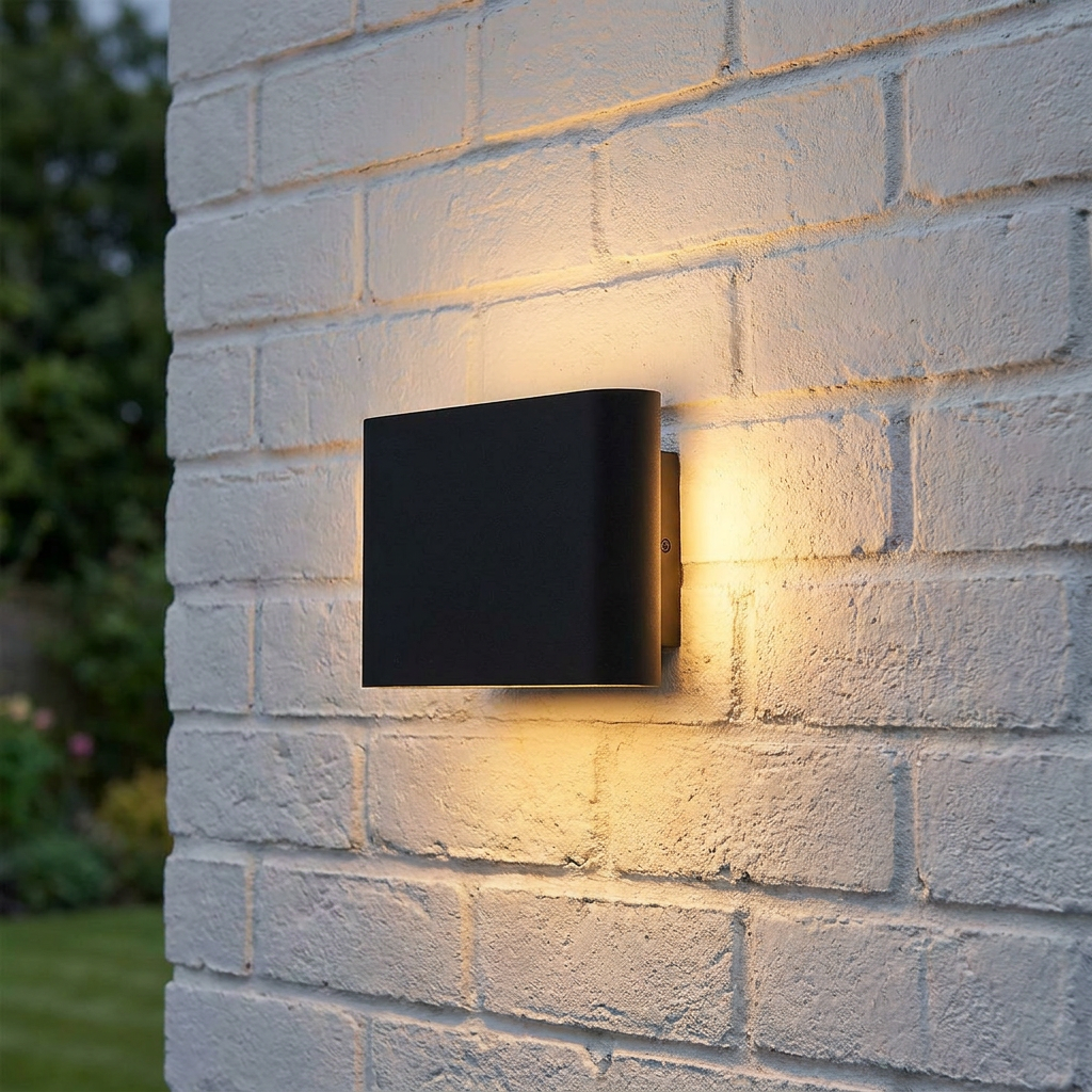 Elstead Jens medium black outdoor wall light mounted on a white brick wall, emitting warm light in four directions.