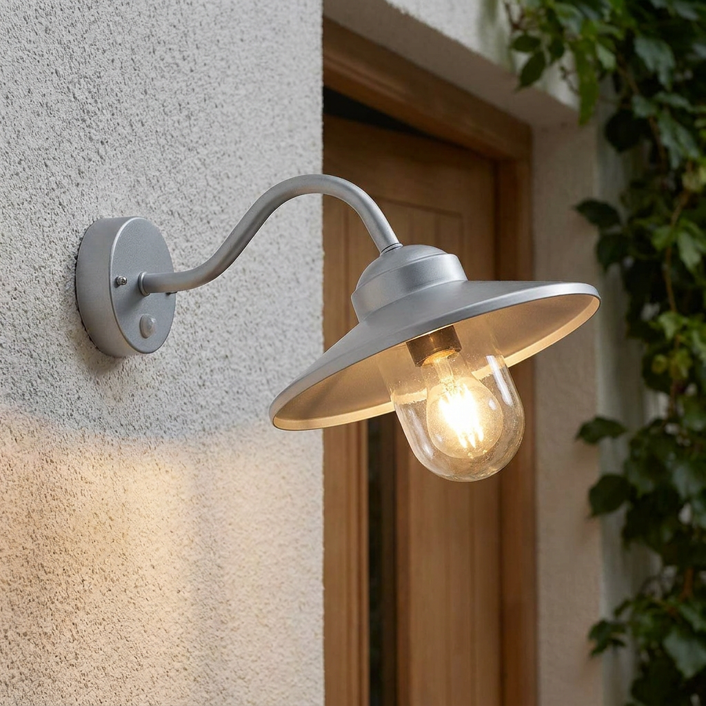Elstead Klampenborg silver outdoor wall light with a PIR sensor, swan neck arm, and glowing bulb on a white wall.