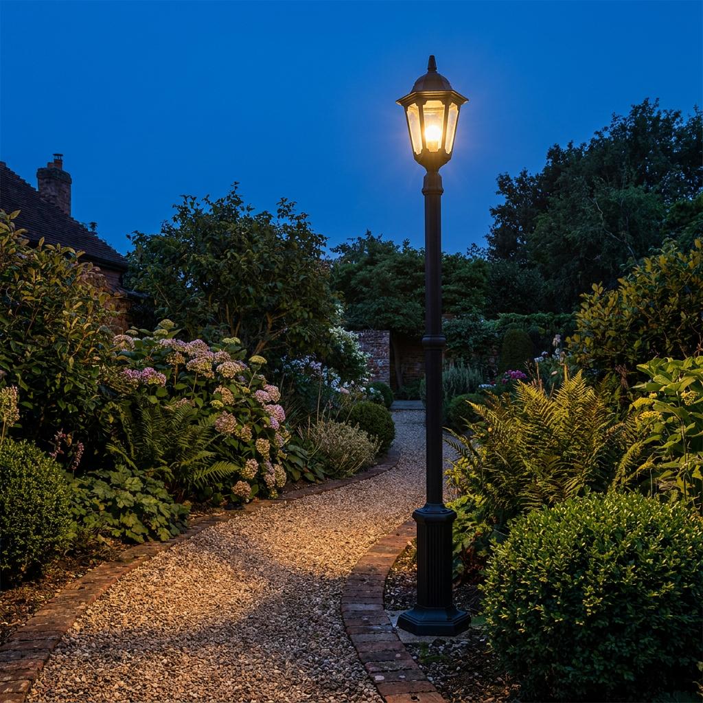 Traditional black outdoor lamp post illuminating a gravel garden path at twilight.